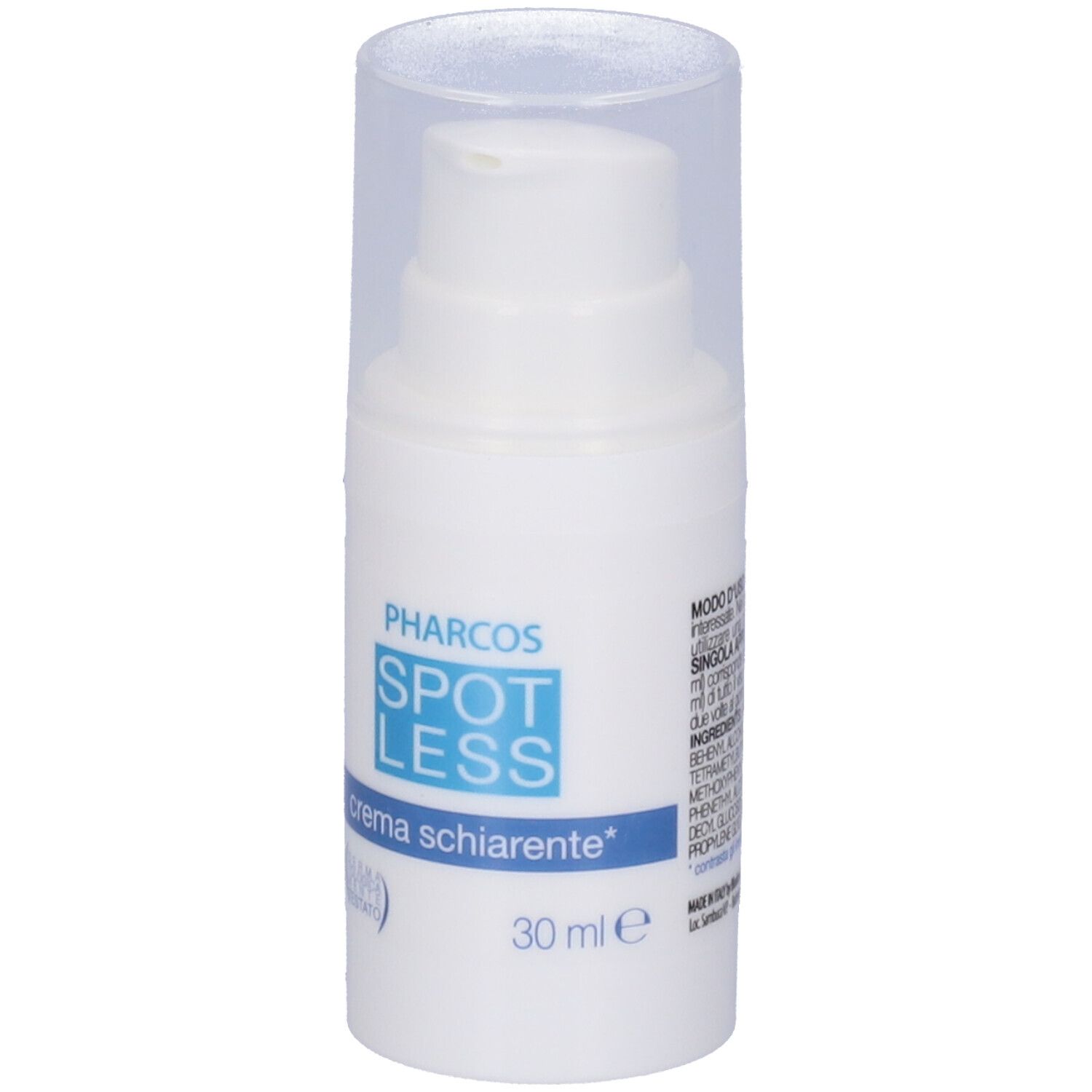 Flacone bianco con dosatore a pompa. Scritta: Pharcos Spotless, crema schiarente, 30 ml.