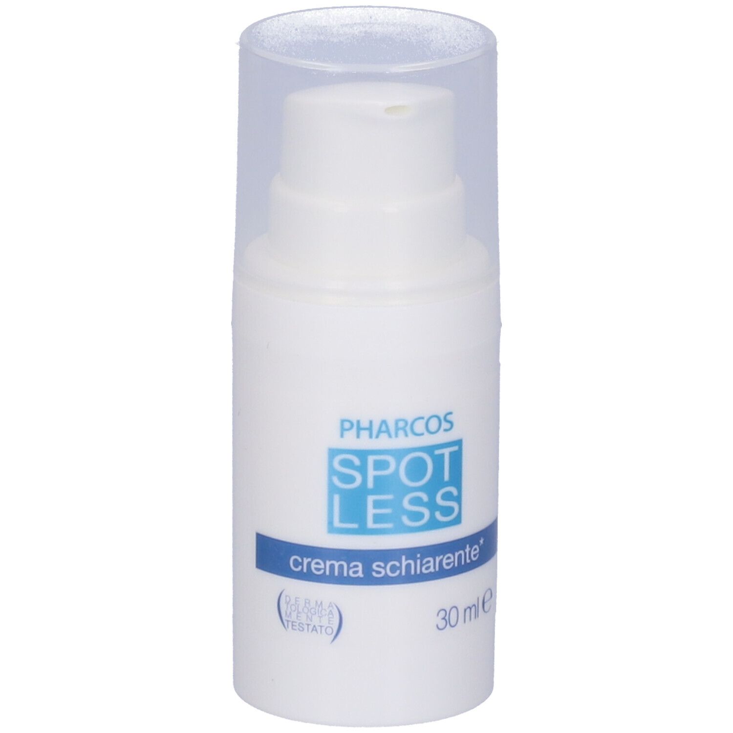Flacone bianco con dosatore a pompa. Scritta: Pharcos Spotless, crema schiarente, 30 ml.