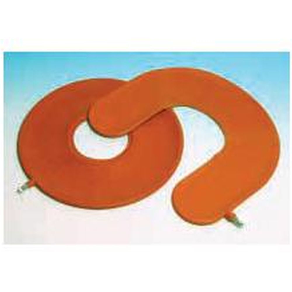 Orangefarbenes, ringförmiges Kissen mit angeschlossenem, gebogenem Teil. Beide Teile sind aus Gummi.