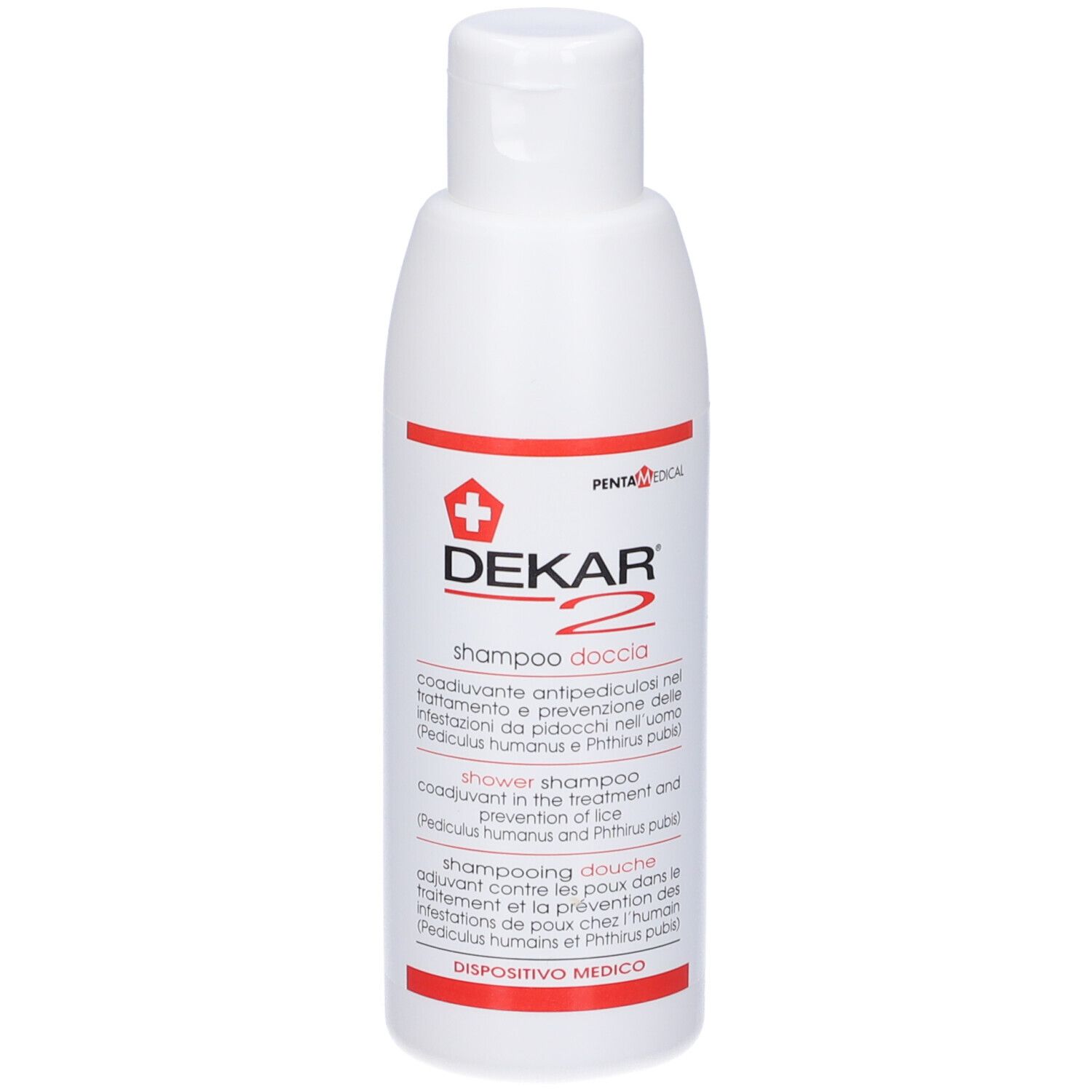 Flacone bianco con testo rosso e nero. Contiene Shampoo Doccia Anti Pidocchi Dekar-2.