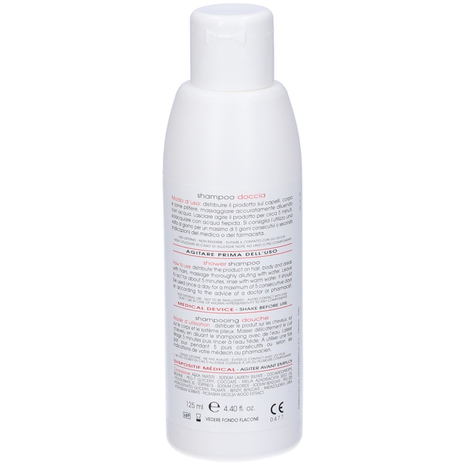 Flacone bianco con testo rosso e nero. Contiene Shampoo Doccia Anti Pidocchi Dekar-2.