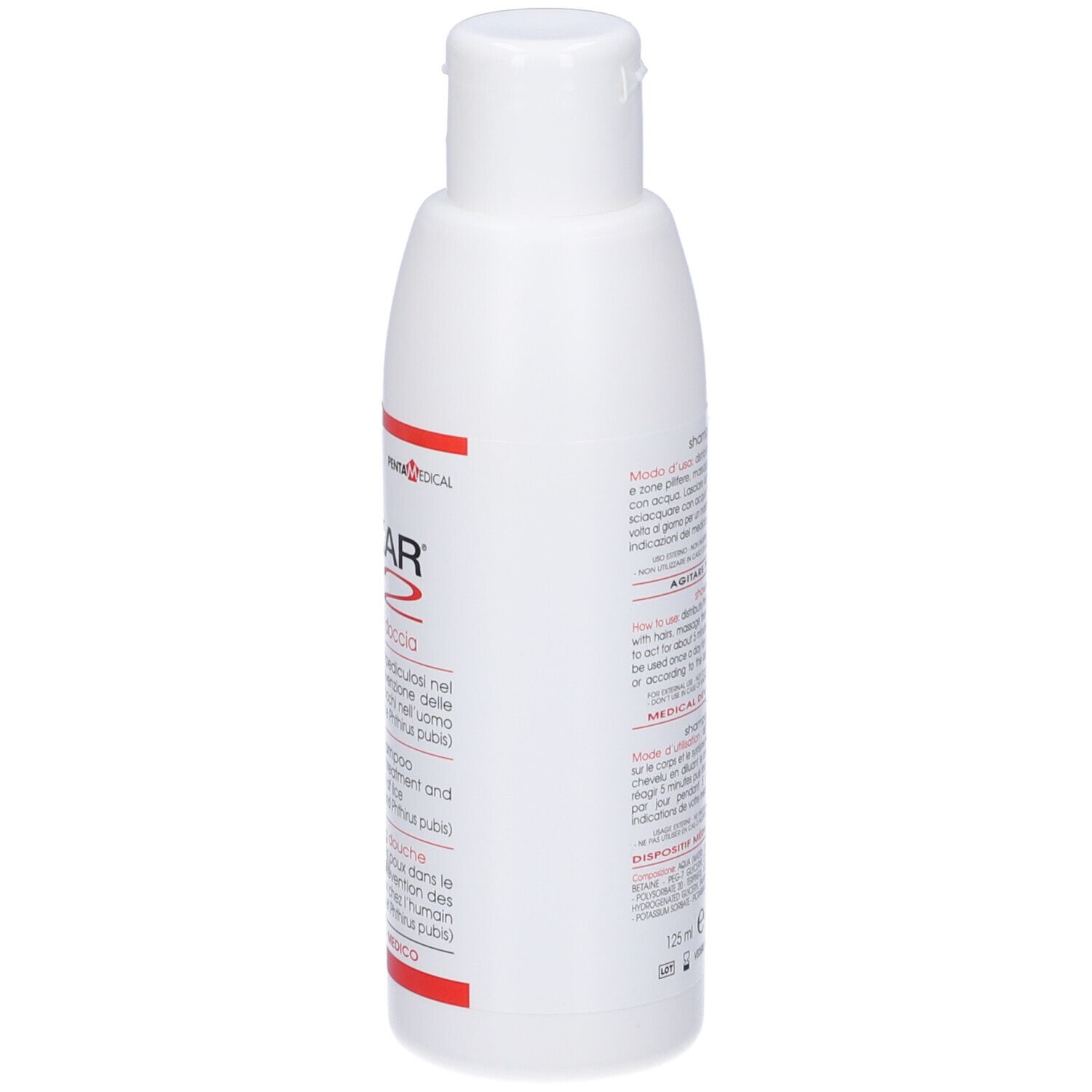 Flacone bianco con testo rosso e nero. Contiene Shampoo Doccia Anti Pidocchi Dekar-2.