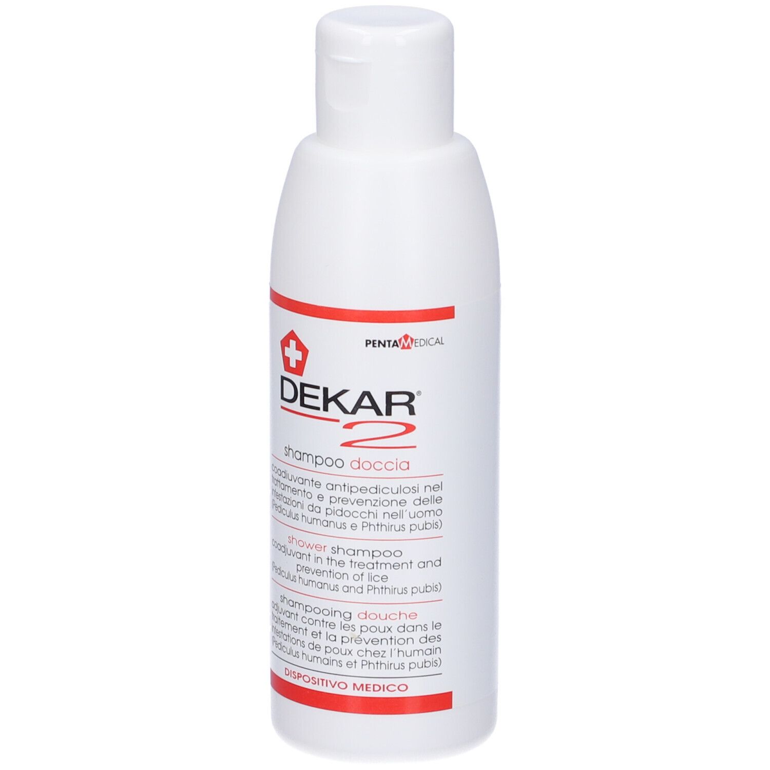 Flacone bianco con testo rosso e nero. Contiene Shampoo Doccia Anti Pidocchi Dekar-2.