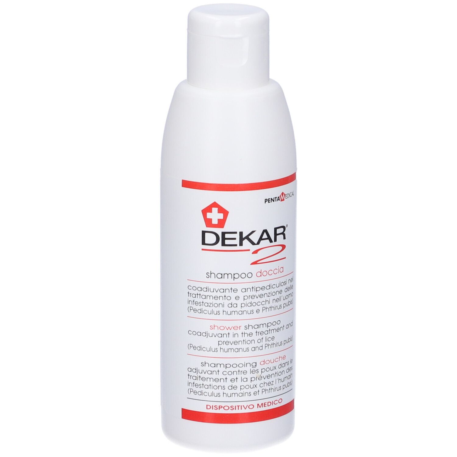 Flacone bianco con testo rosso e nero. Contiene Shampoo Doccia Anti Pidocchi Dekar-2.