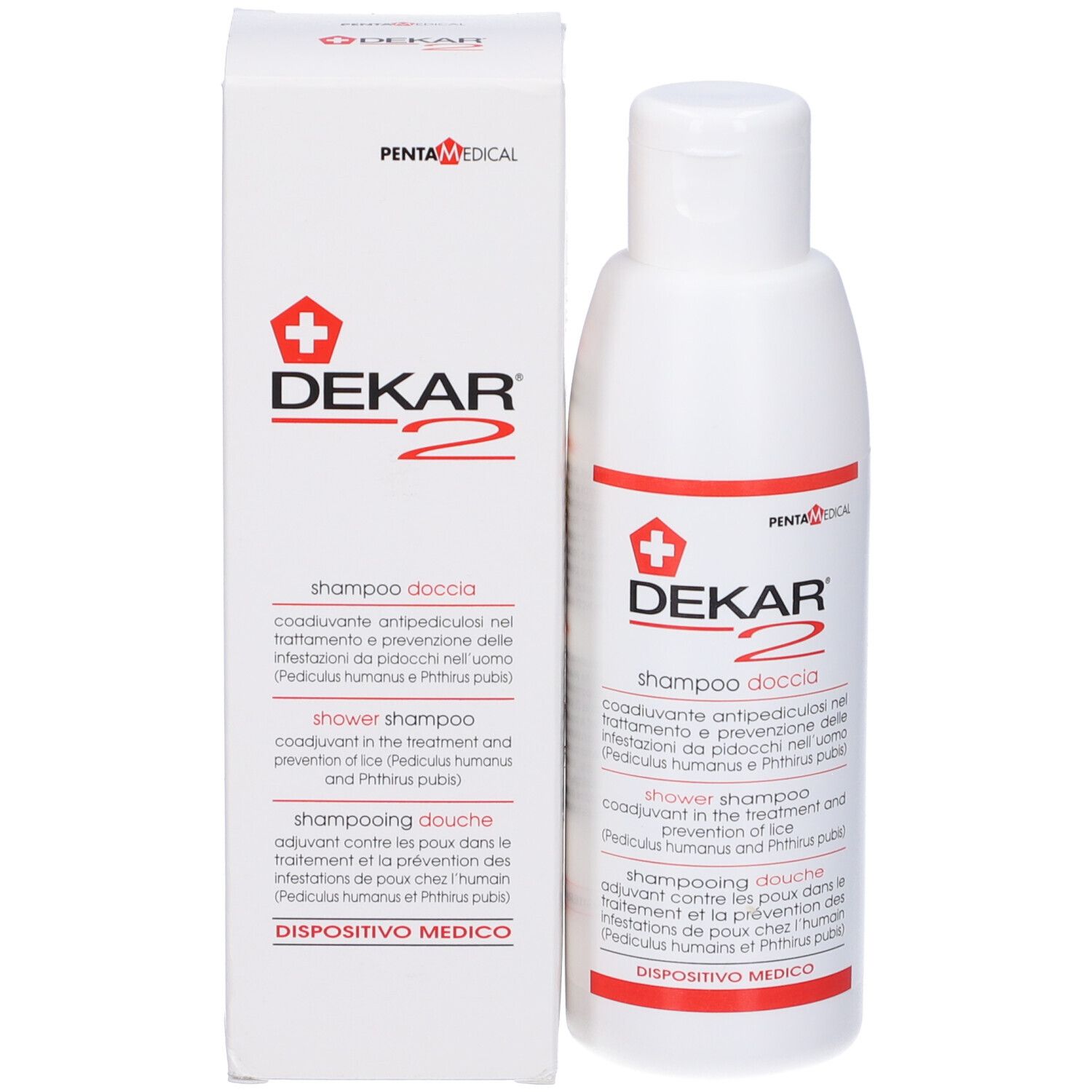 Confezione prodotto con scatola e flacone bianchi. Contiene Shampoo Doccia Anti Pidocchi Dekar-2.