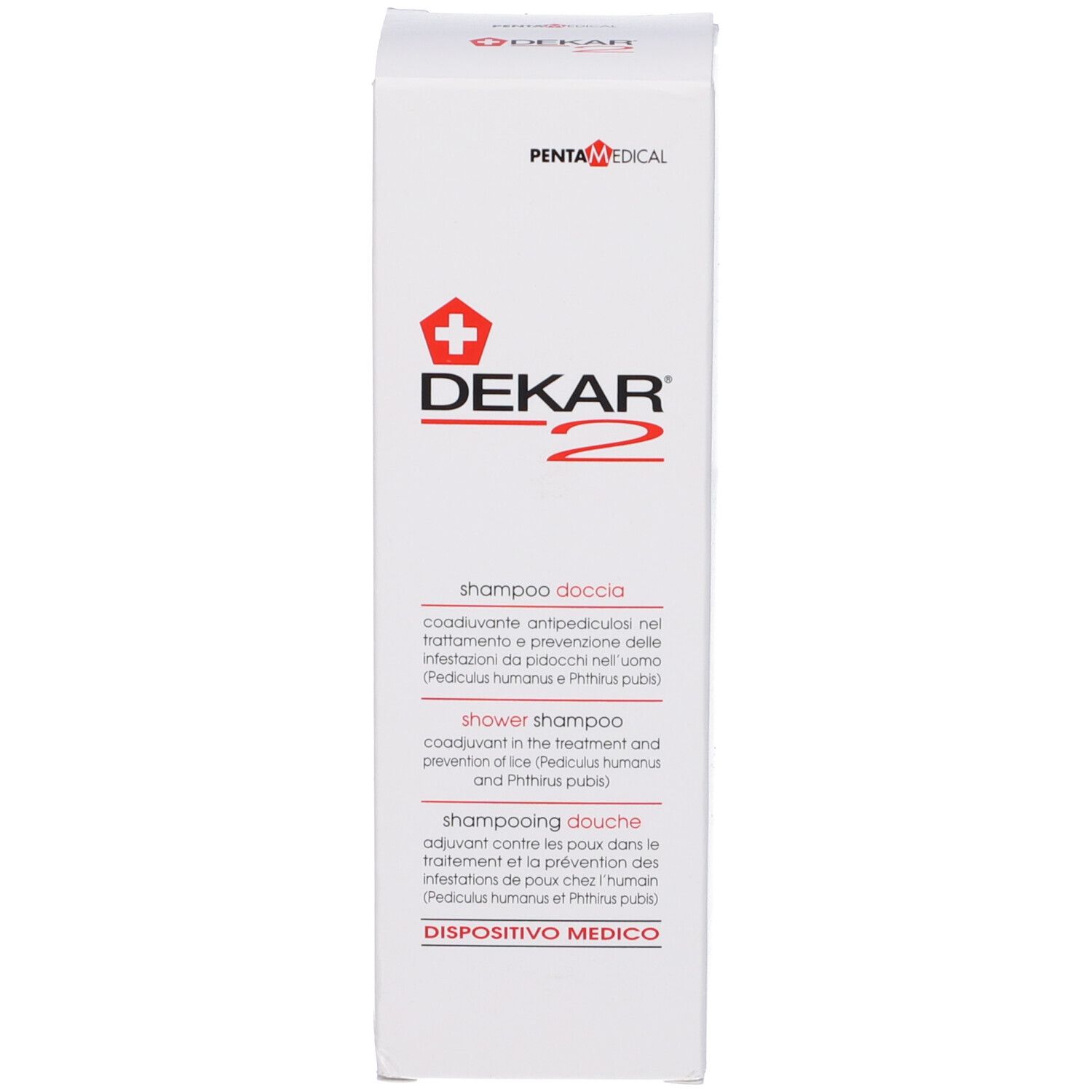 Confezione prodotto con scatola bianca. Contiene Shampoo Doccia Anti Pidocchi Dekar-2.