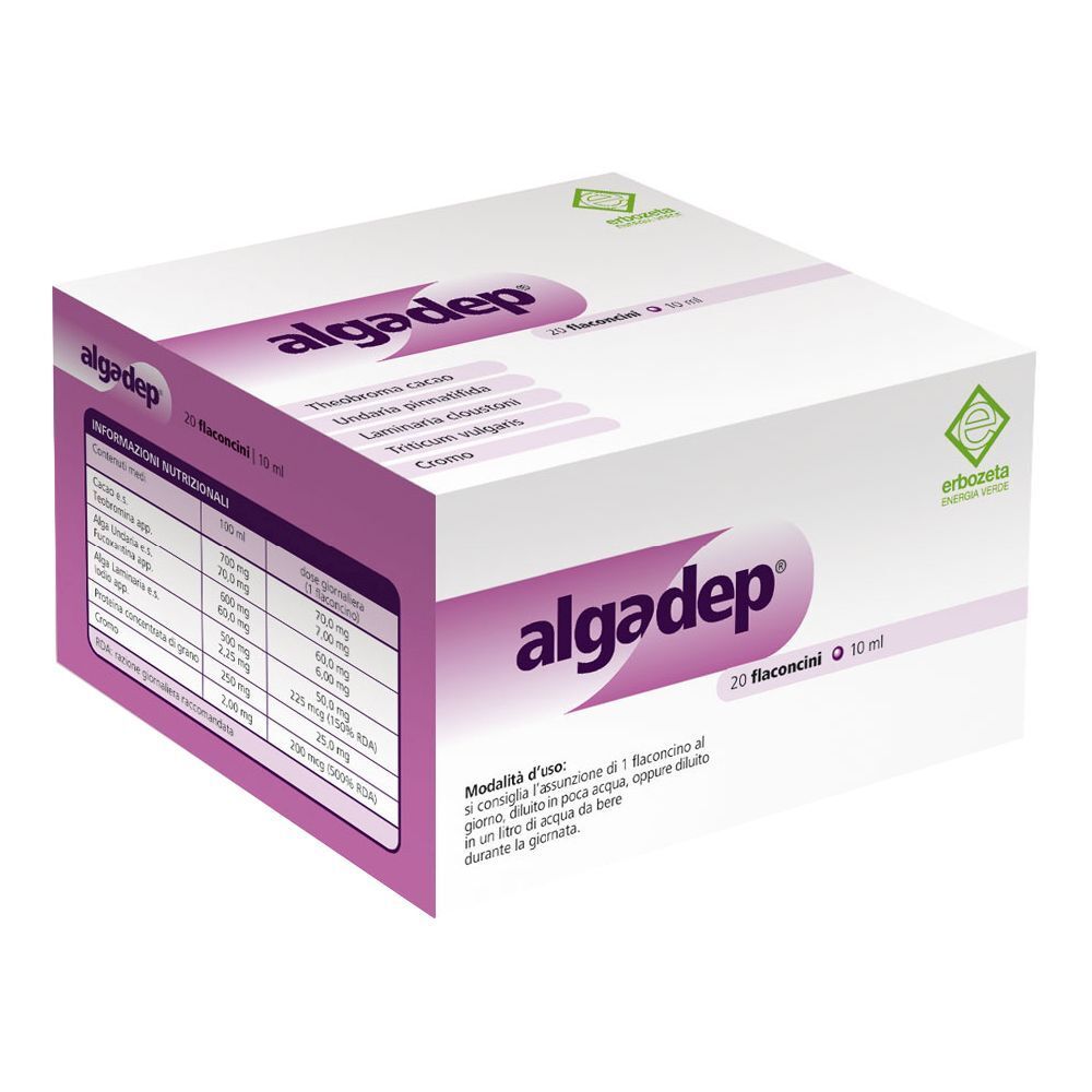 Scatola bianca e viola. Scritta "algadep" e "20 Fiale 10 ml". Contiene 20 fiale. Logo "erboveta energia verde".