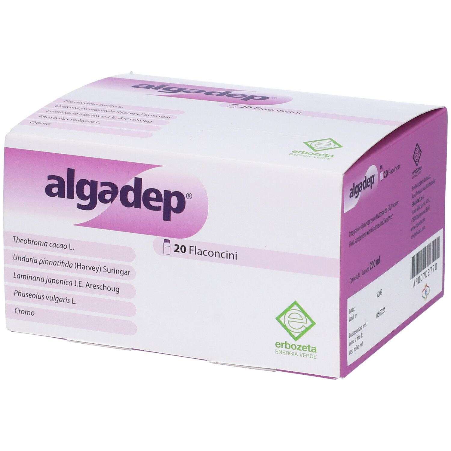 Scatola bianca e viola. Scritta "algadep" e "20 Flaconcini". Contiene 20 fiale. Logo "erboveta energia verde".