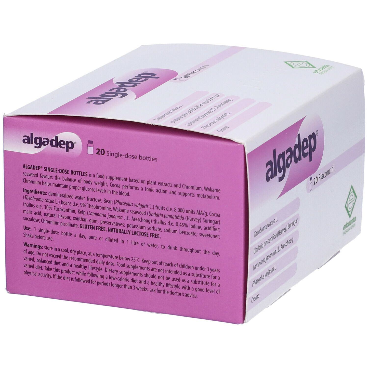 Scatola bianca e viola. Scritta "algadep" e "20 Single-dose bottles". Contiene 20 flaconcini monodose.