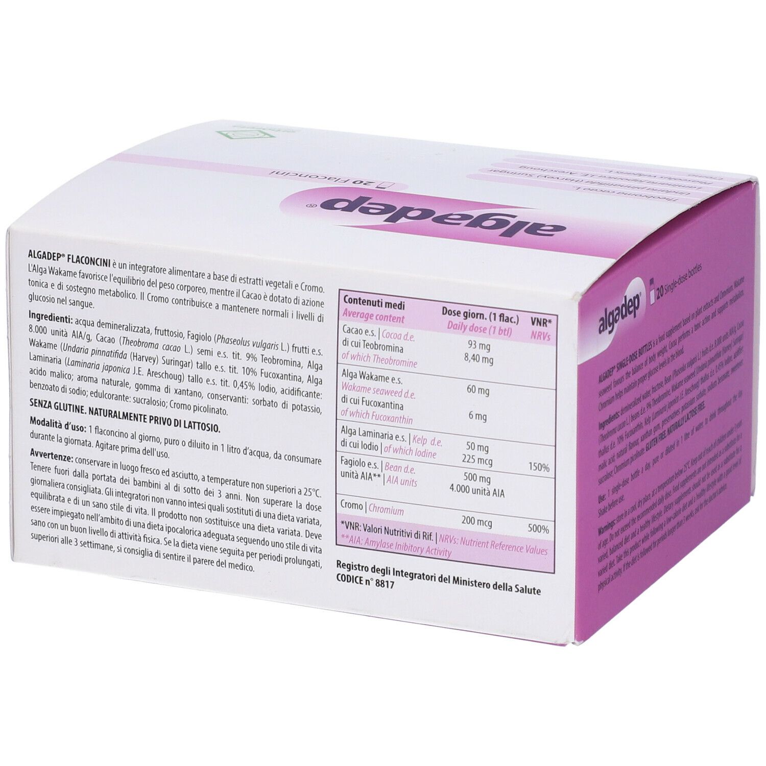 Scatola bianca e viola. Scritta "algadep" e "20 Flaconcini". Contiene 20 fiale. Ingredienti e tabella nutrizionale.
