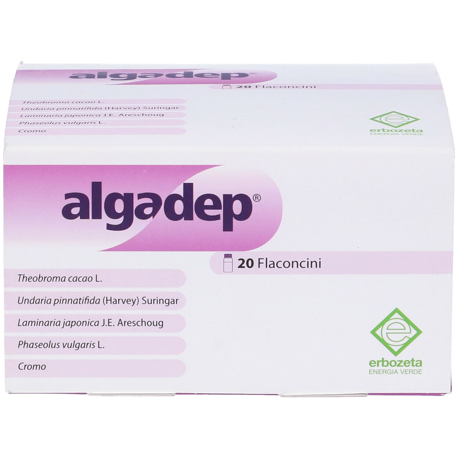 Scatola bianca e viola. Scritta "algadep" e "20 Flaconcini". Contiene 20 fiale. Logo "erboveta energia verde".