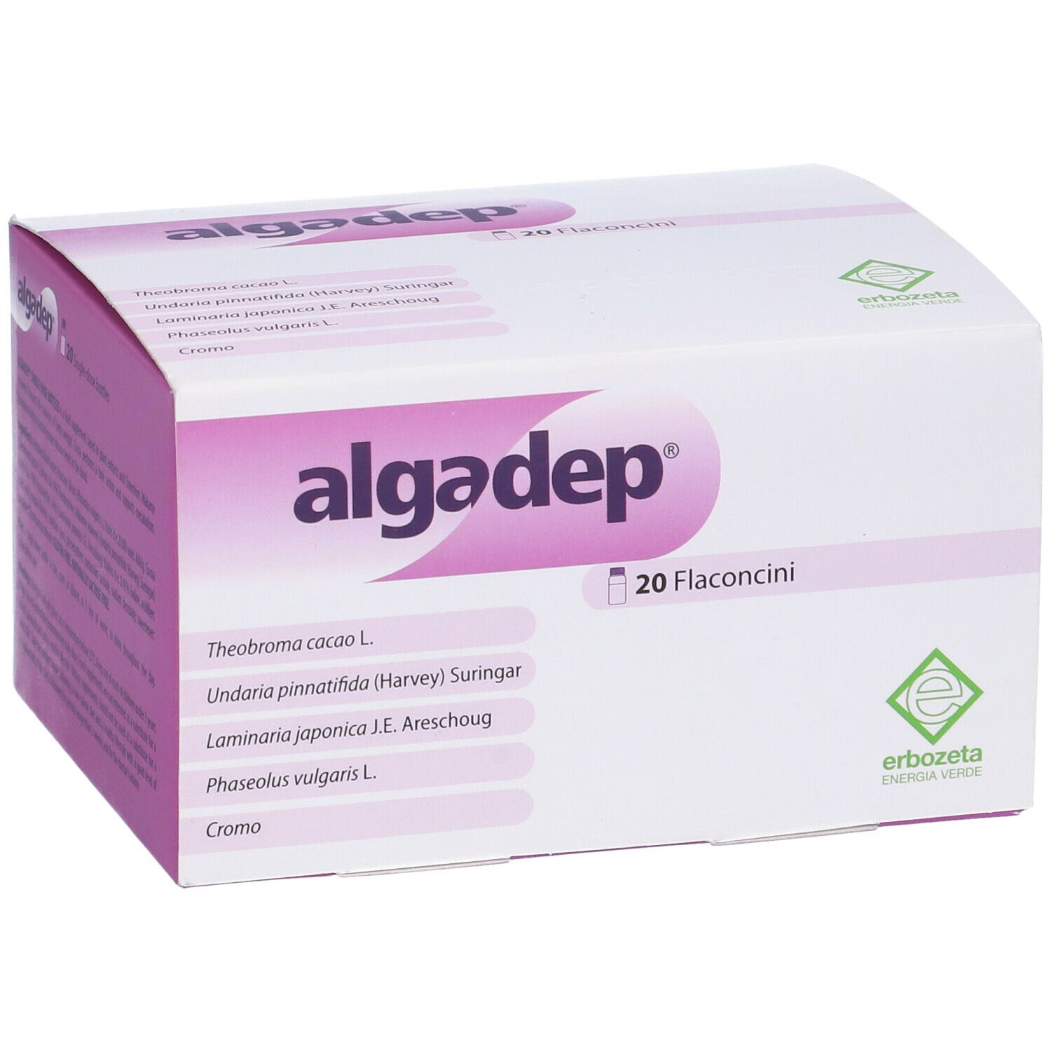 Scatola bianca e viola. Scritta "algadep" e "20 Flaconcini". Contiene 20 fiale. Logo "erboveta energia verde".
