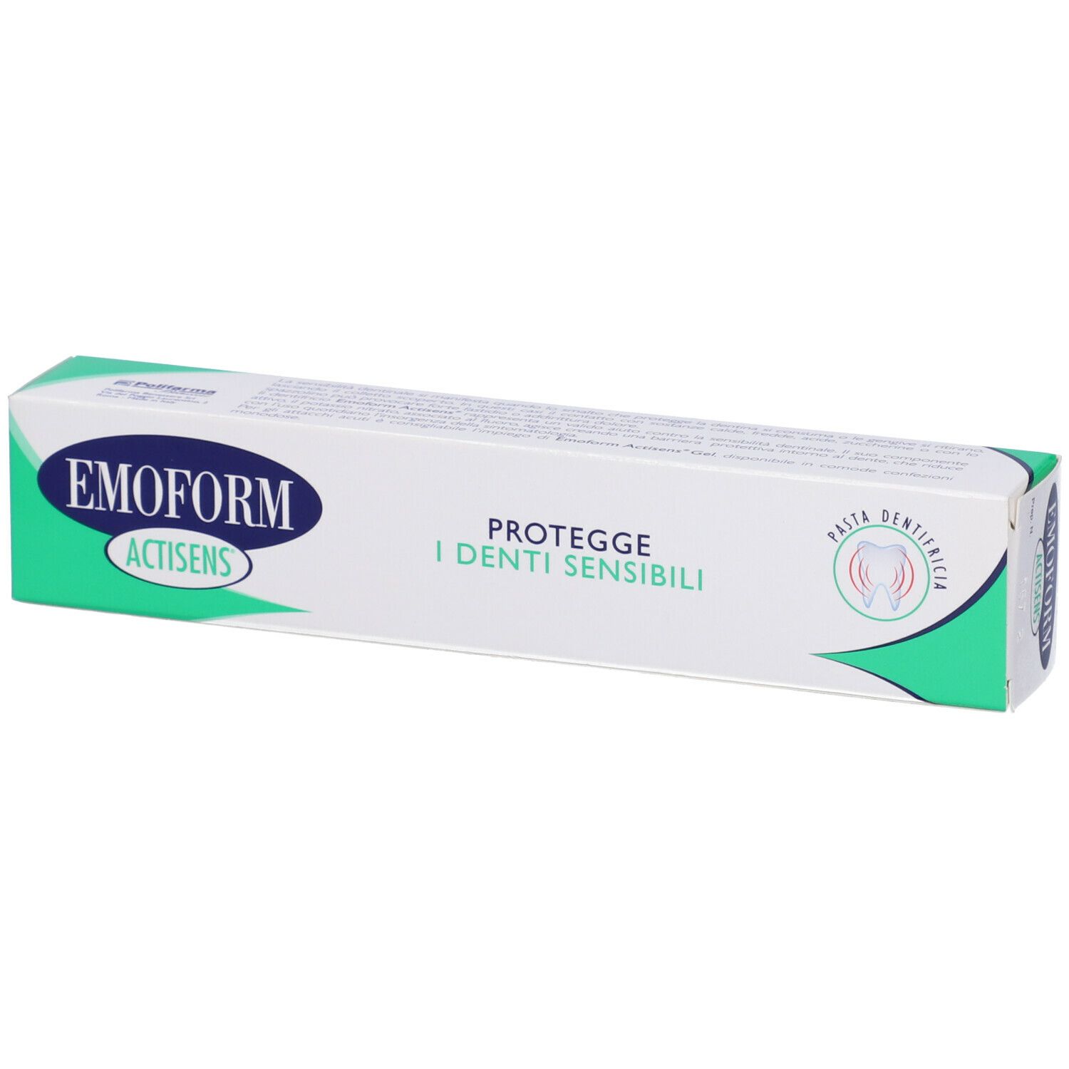 Zahnpasta-Schachtel. Aufschrift: Emoform Actisens, schützt empfindliche Zähne. Grün-weißes Design.