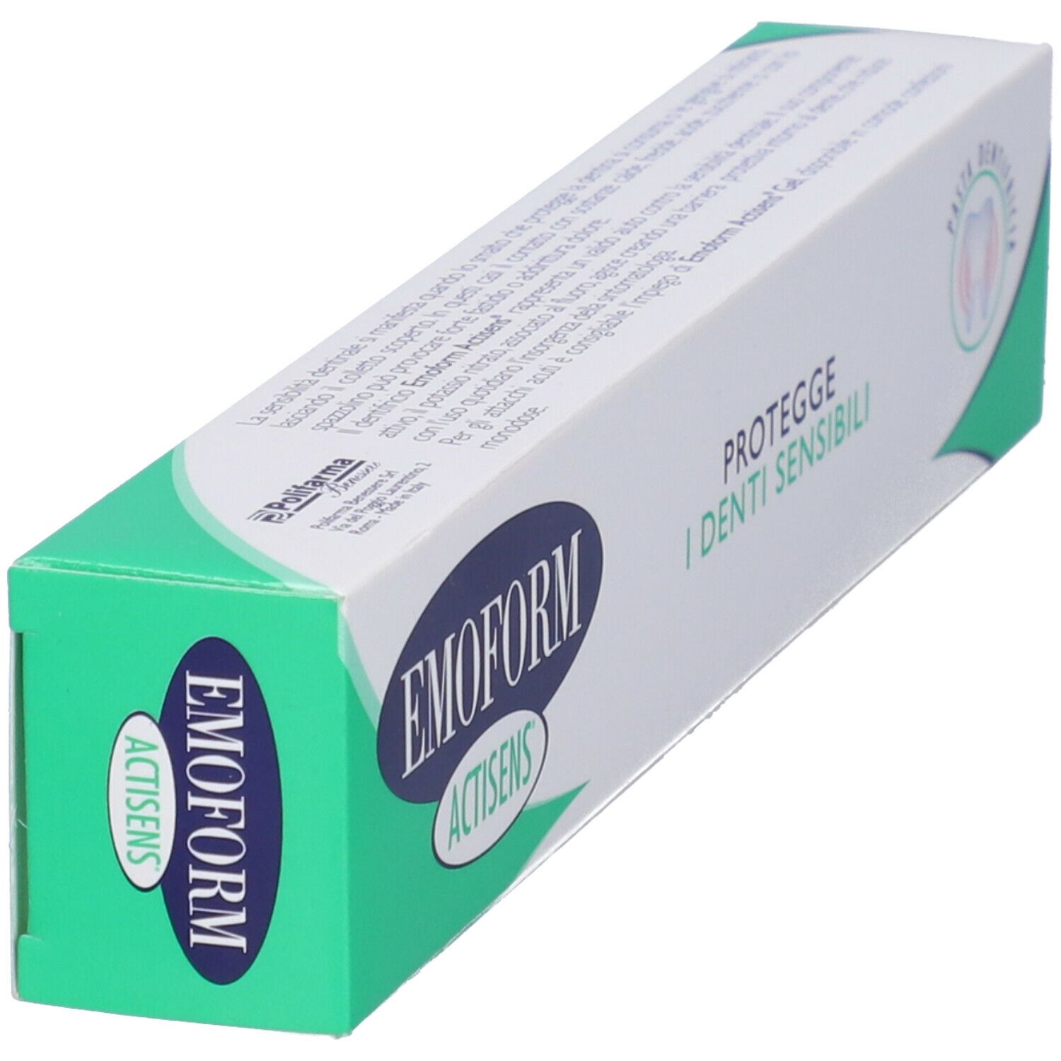Zahnpasta-Schachtel. Aufschrift: Emoform Actisens, schützt empfindliche Zähne. Grün-weißes Design.
