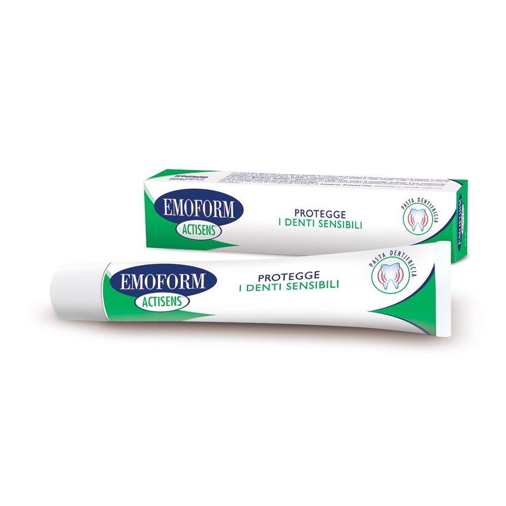 Zahncreme-Tube und -Schachtel. Aufschrift: Emoform Actisens, schützt empfindliche Zähne. Grün-weißes Design.
