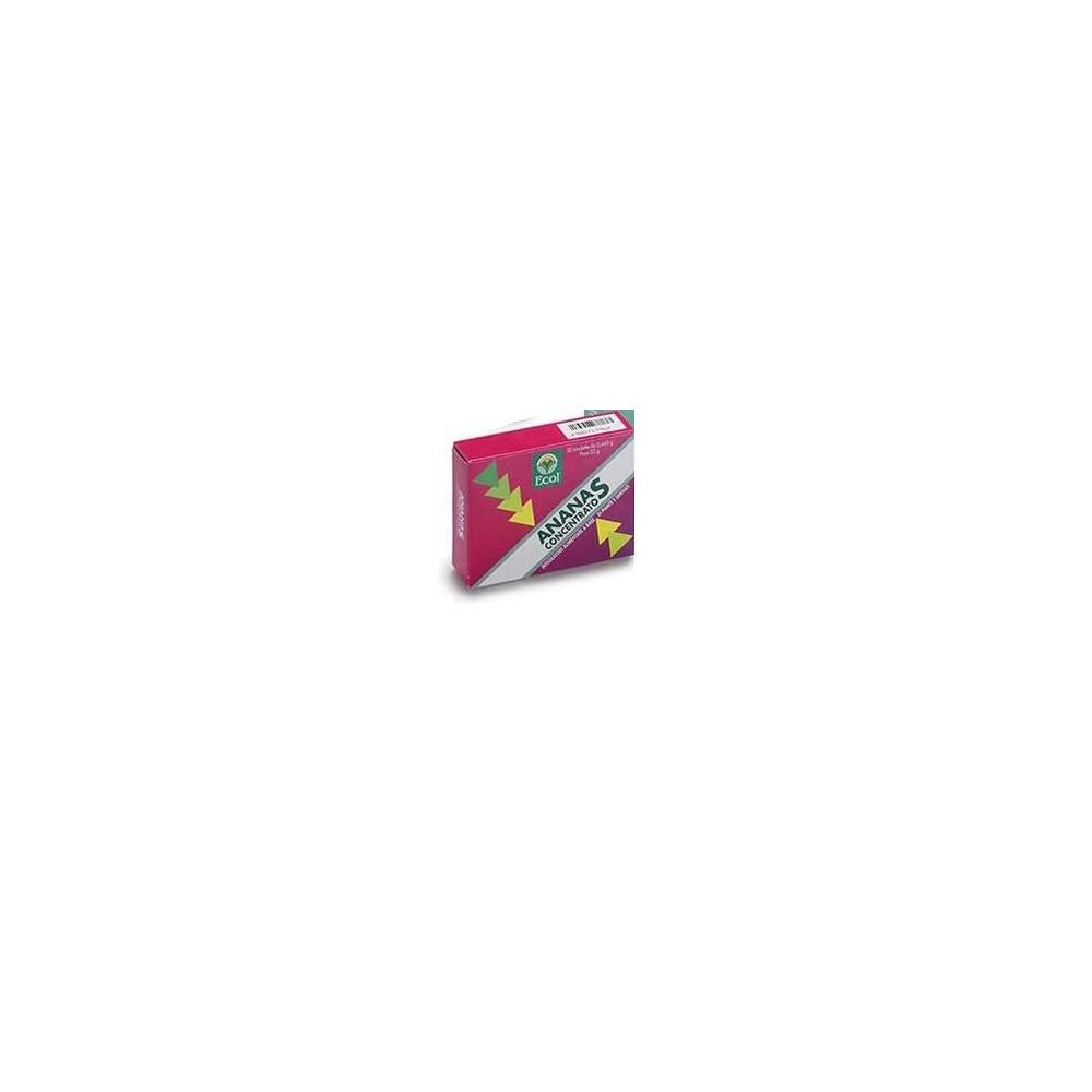 Scatola rosa con testo giallo e verde. Scritto: ANANAS Concentrato. Marchio Ecol. Prodotto per la salute.