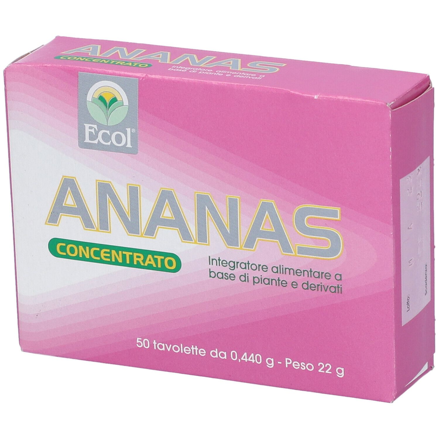 Scatola rosa con testo giallo. Scritto: ANANAS Concentrato. Marchio Ecol. 50 compresse. Prodotto per la salute.