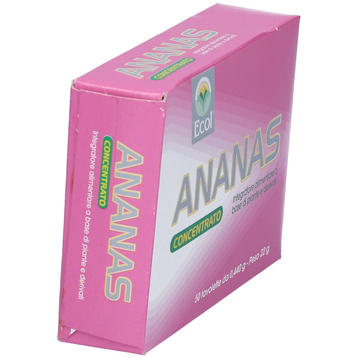 Scatola rosa con testo giallo. Scritto: ANANAS Concentrato. Marchio Ecol. 50 compresse. Prodotto per la salute.