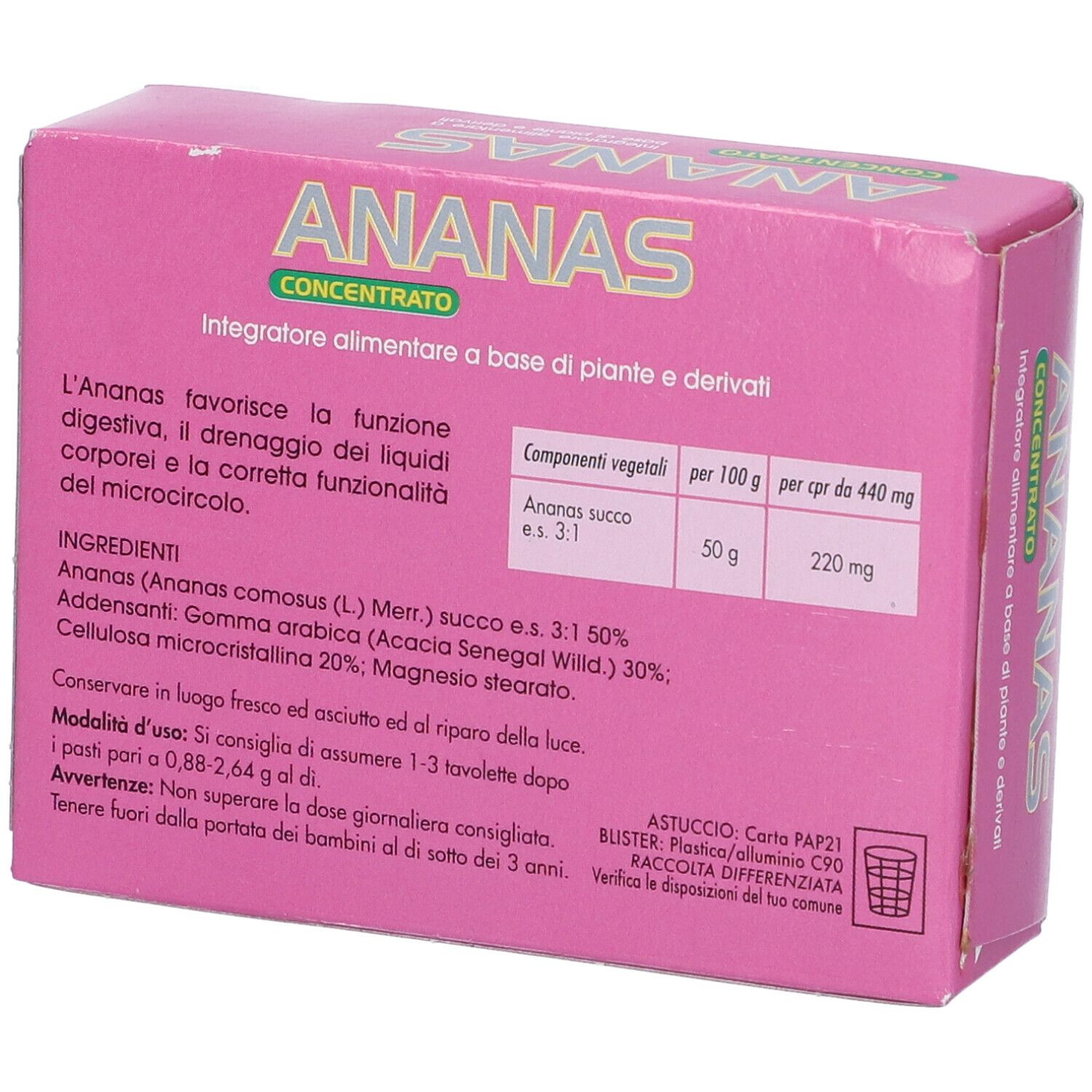 Retro di una scatola rosa con testo. Scritto: ANANAS Concentrato. Elenco ingredienti. Prodotto per la salute.