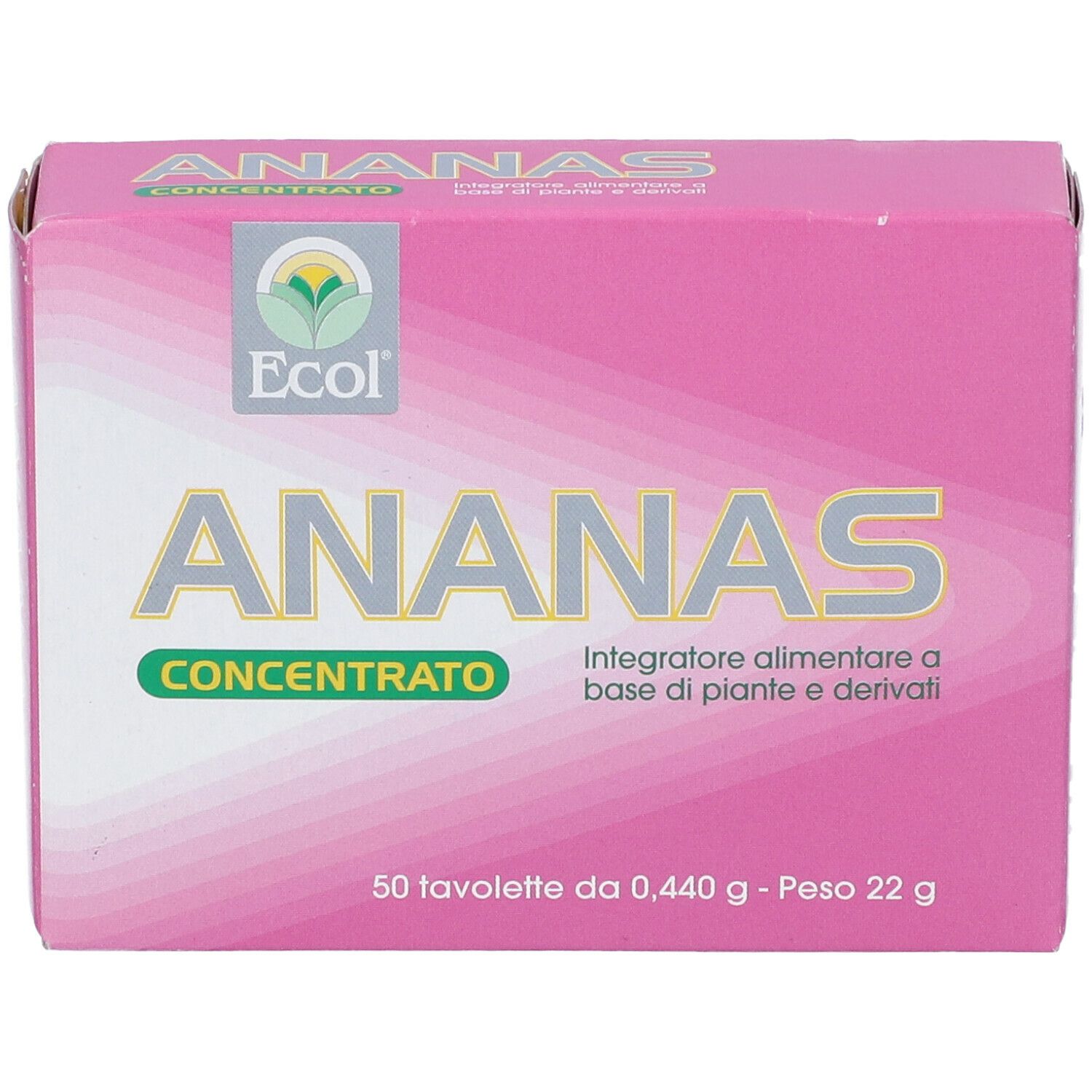Scatola rosa con testo giallo. Scritto: ANANAS Concentrato. Marchio Ecol. 50 compresse. Prodotto per la salute.