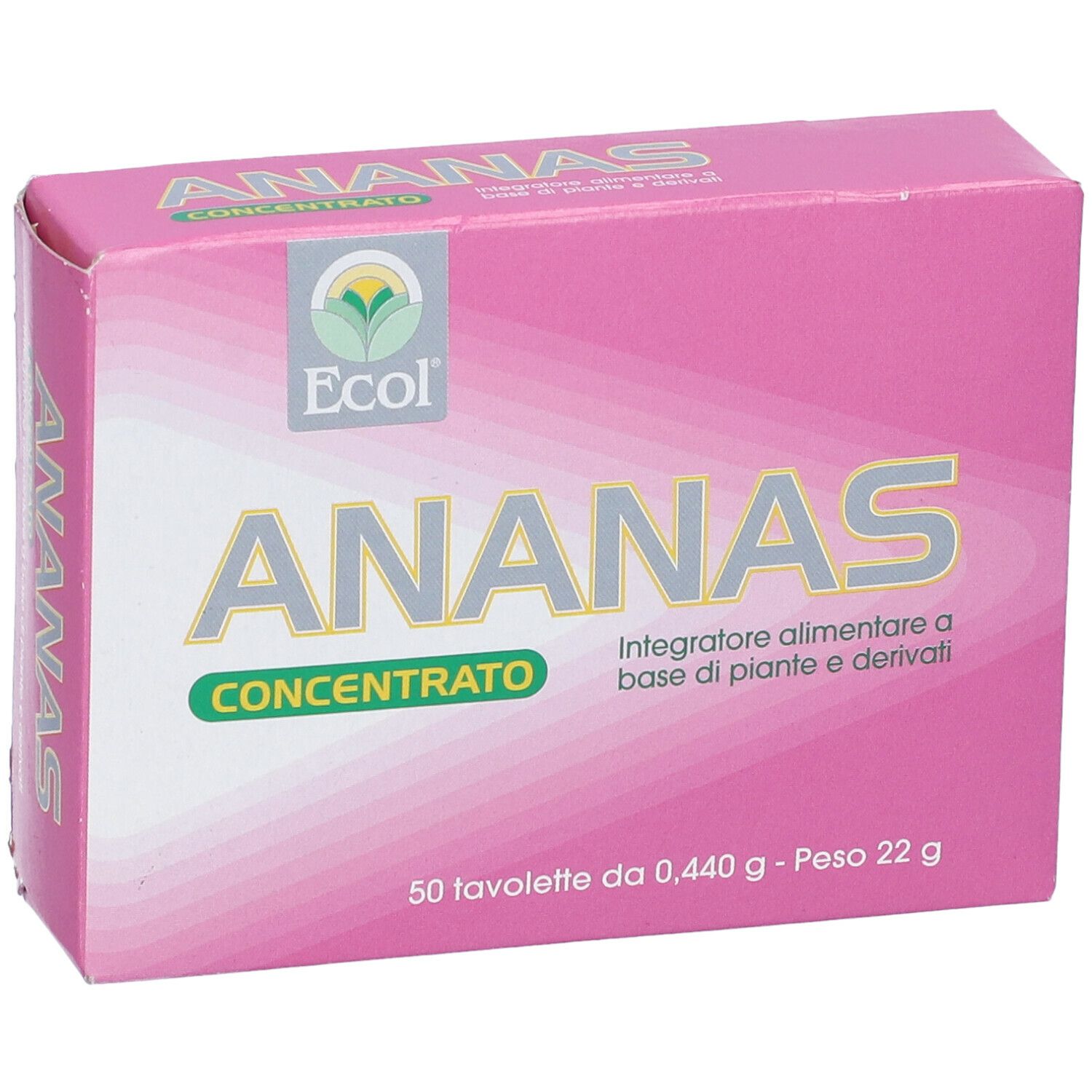Scatola rosa con testo giallo. Scritto: ANANAS Concentrato. Marchio Ecol. 50 compresse. Prodotto per la salute.