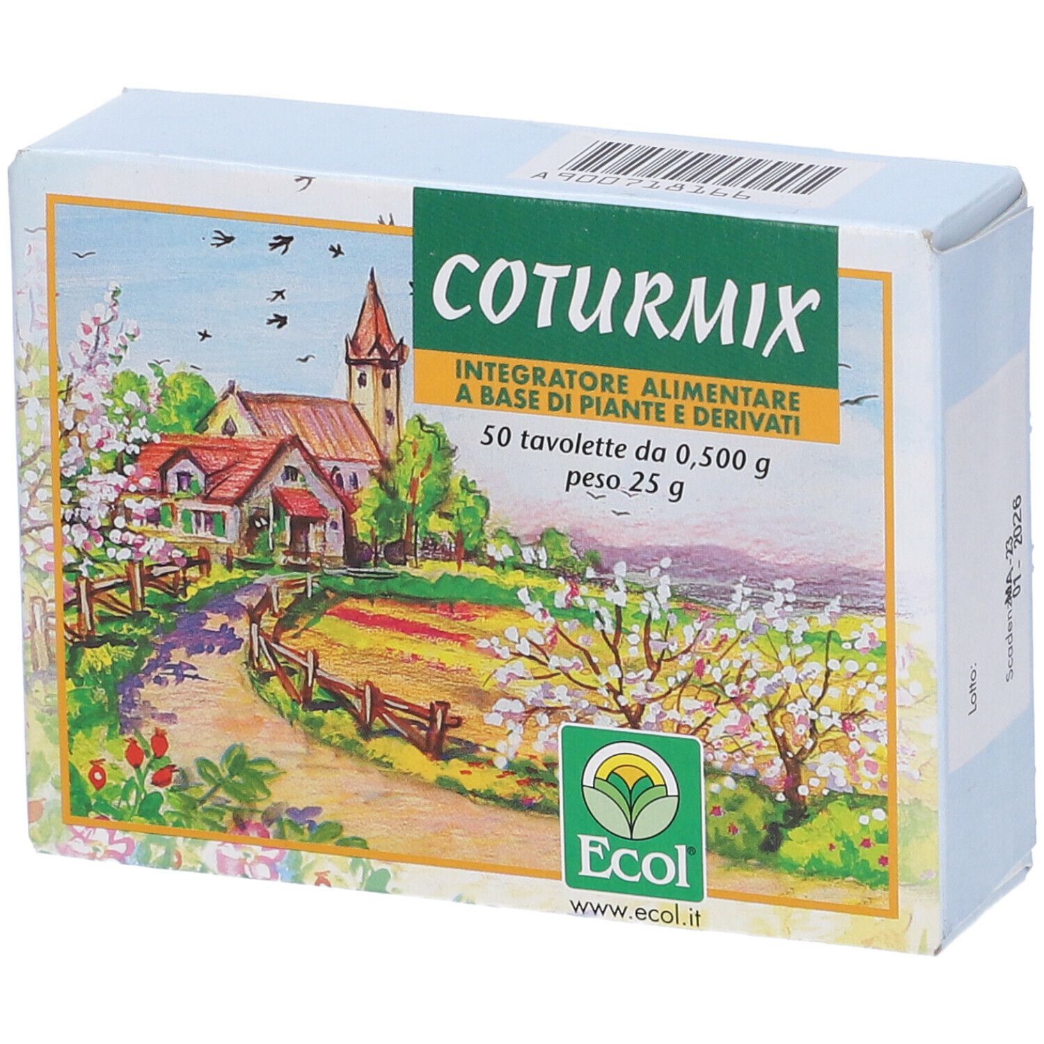 Scatola di compresse Coturmix. Stampa con nome del prodotto, informazioni e paesaggio.