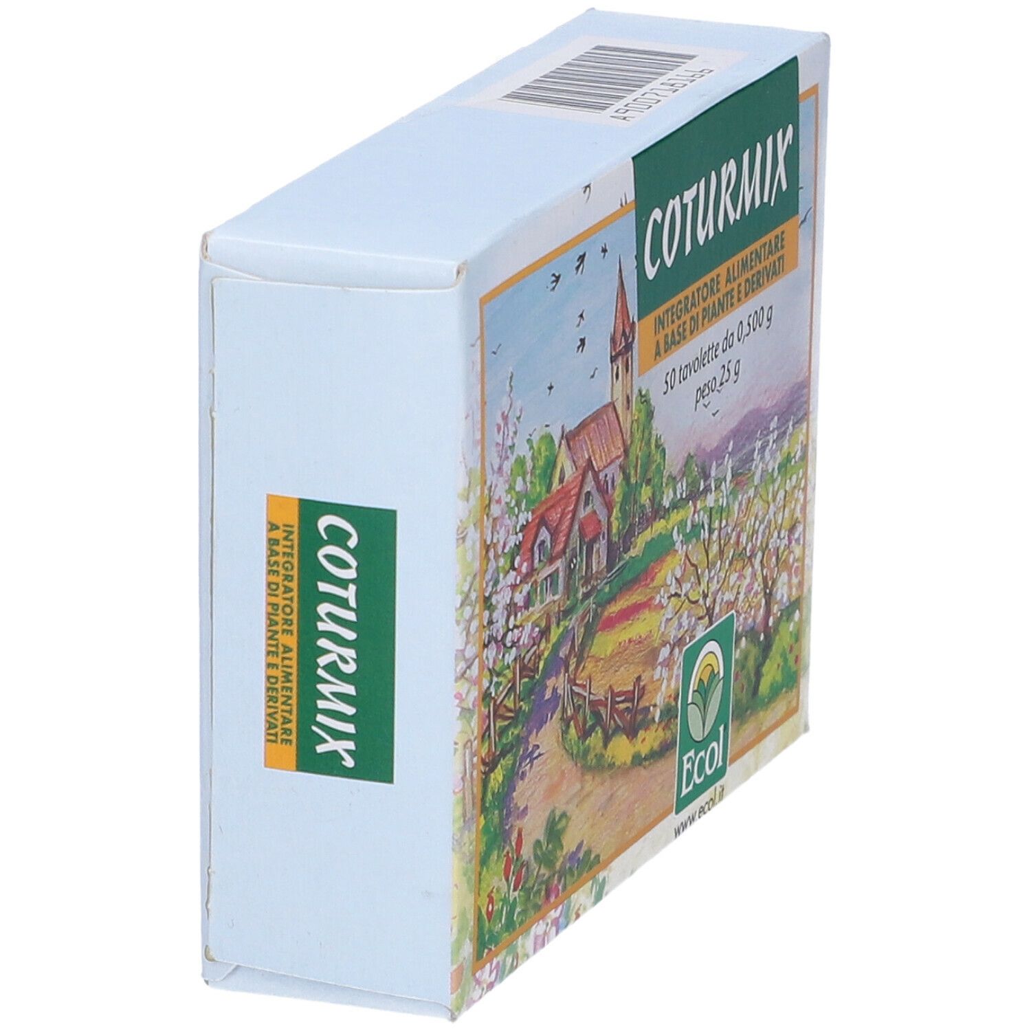 Scatola Coturmix, vista laterale. Nome del prodotto e paesaggio visibili.