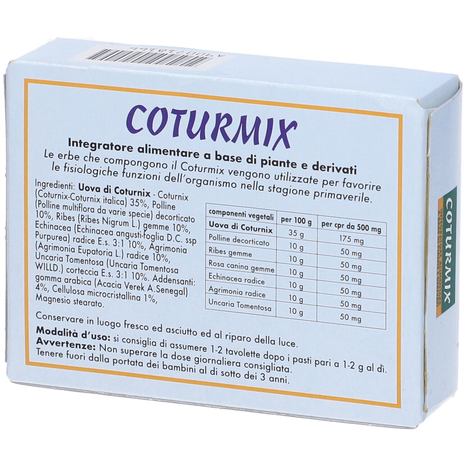 Retro della scatola Coturmix. Ingredienti e istruzioni in italiano.