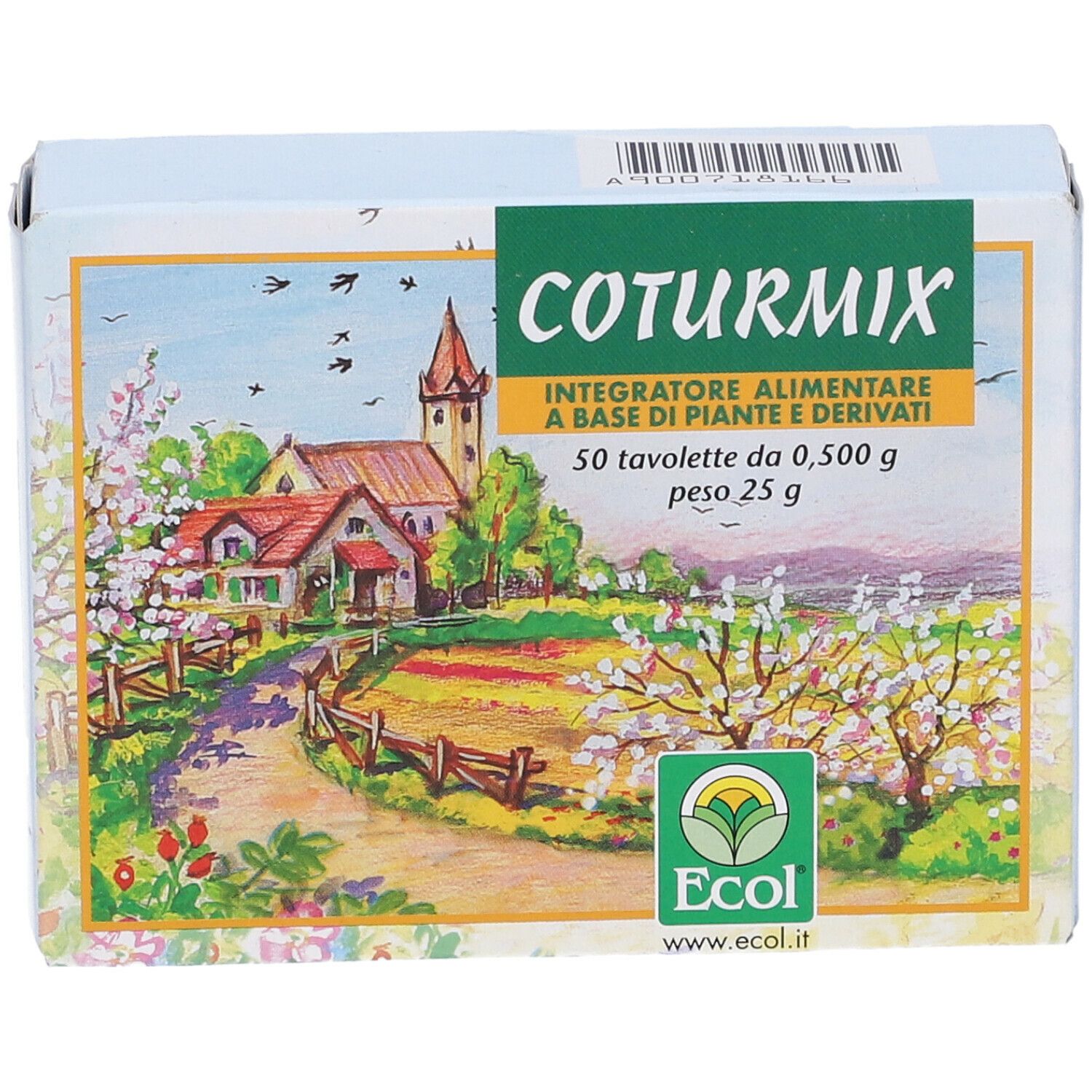 Scatola di compresse Coturmix. Stampa con nome del prodotto, informazioni e paesaggio.