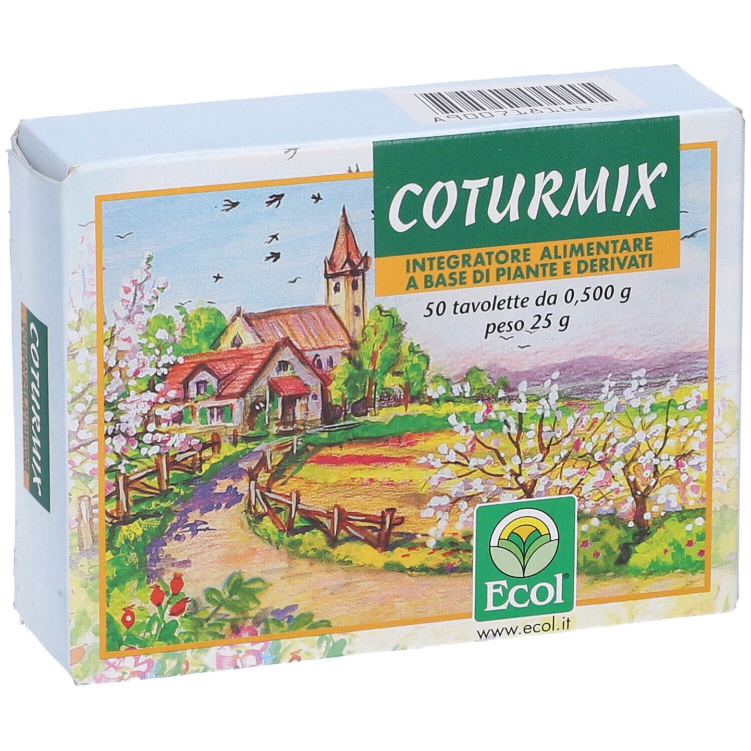 Scatola di compresse Coturmix. Stampa con nome del prodotto, informazioni e paesaggio.