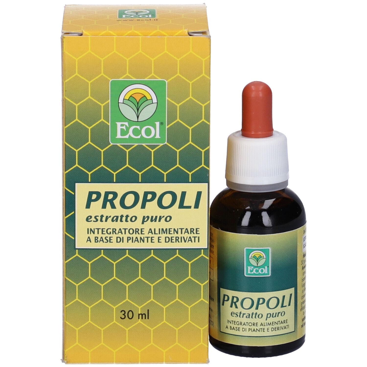 Flacone di vetro marrone con contagocce e confezione gialla. Scritta: Propoli, 30 ml. Marchio: Ecol.