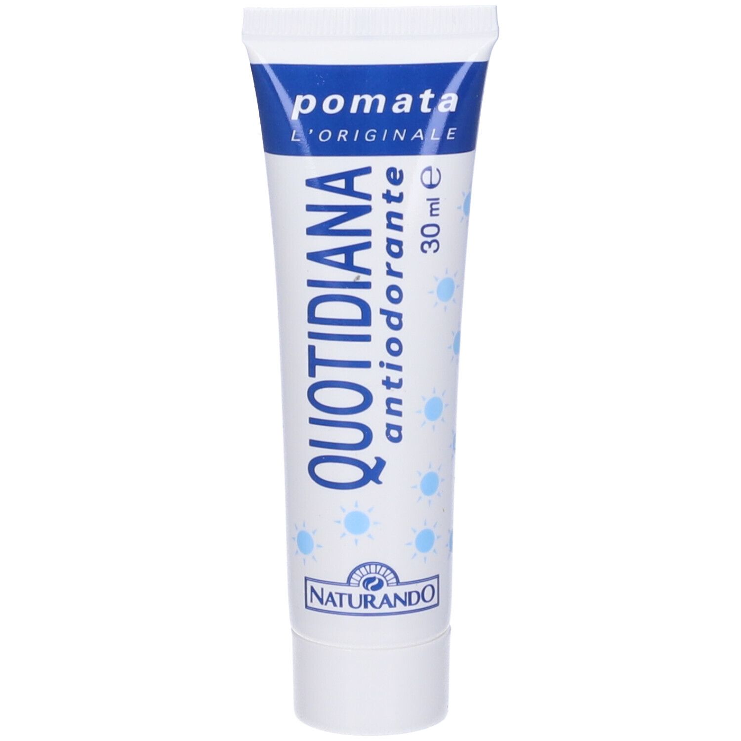 Tubo di crema. Scritta: QUOTIDIANA antiodorante, 30 ml. Marchio: NATURANDO.
