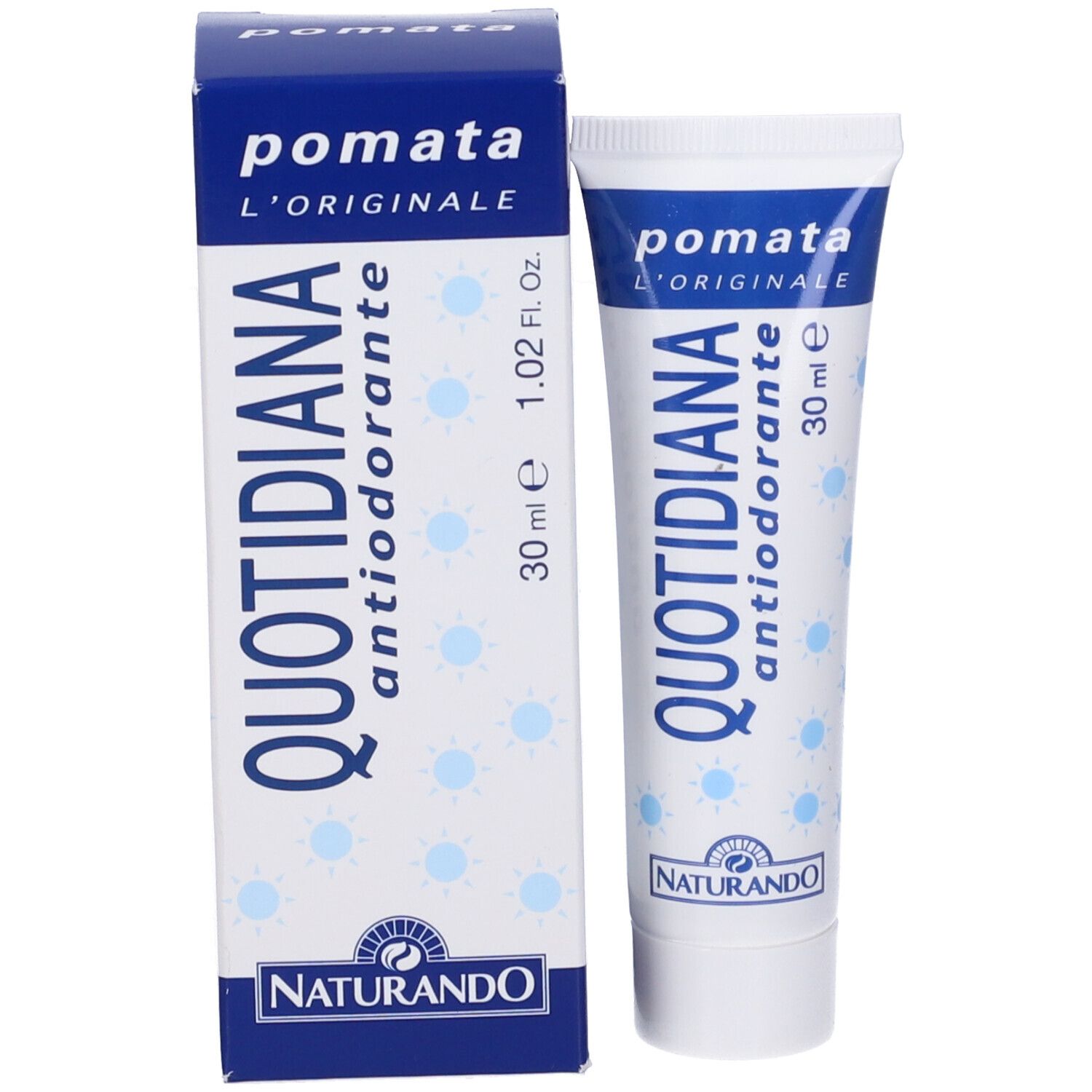 Tubo e scatola di crema. Scritta: QUOTIDIANA antiodorante, 30 ml. Marchio: NATURANDO.