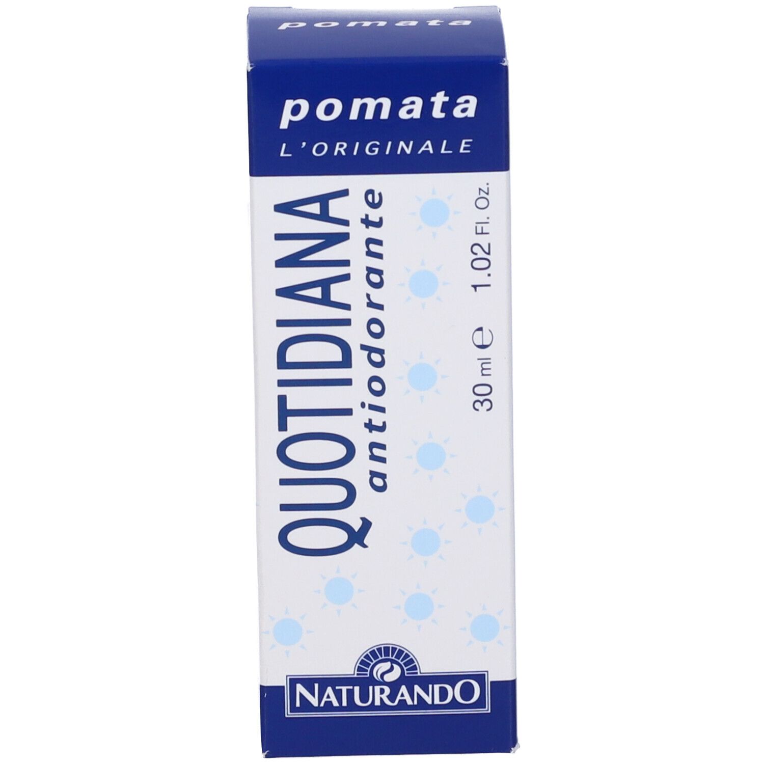 Scatola. Scritta: QUOTIDIANA antiodorante, 30 ml. Marchio: NATURANDO.