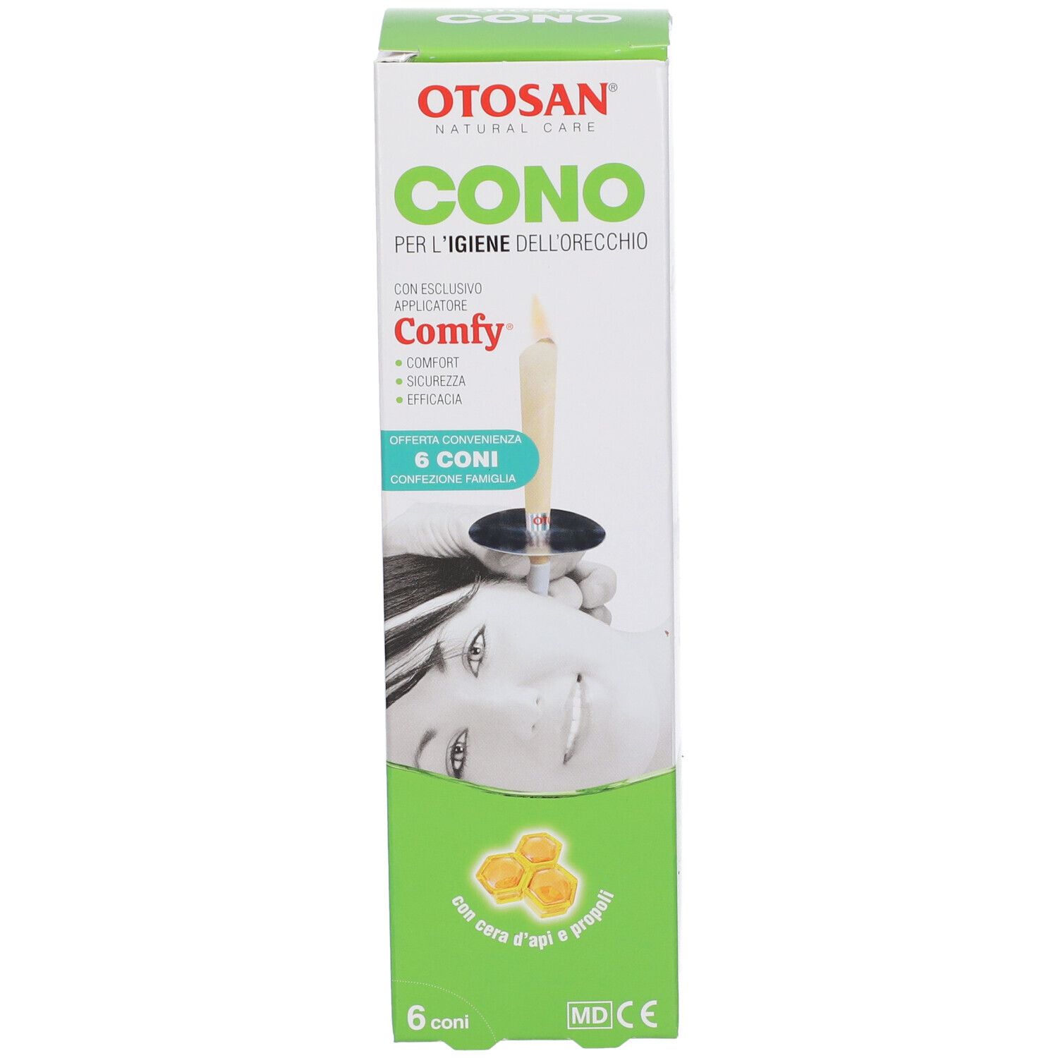 Otosan Cono-Verpackung. Grün-weiße Schachtel mit Produktabbildung und Text. Enthält 6 Ohrkonen und Zubehör.