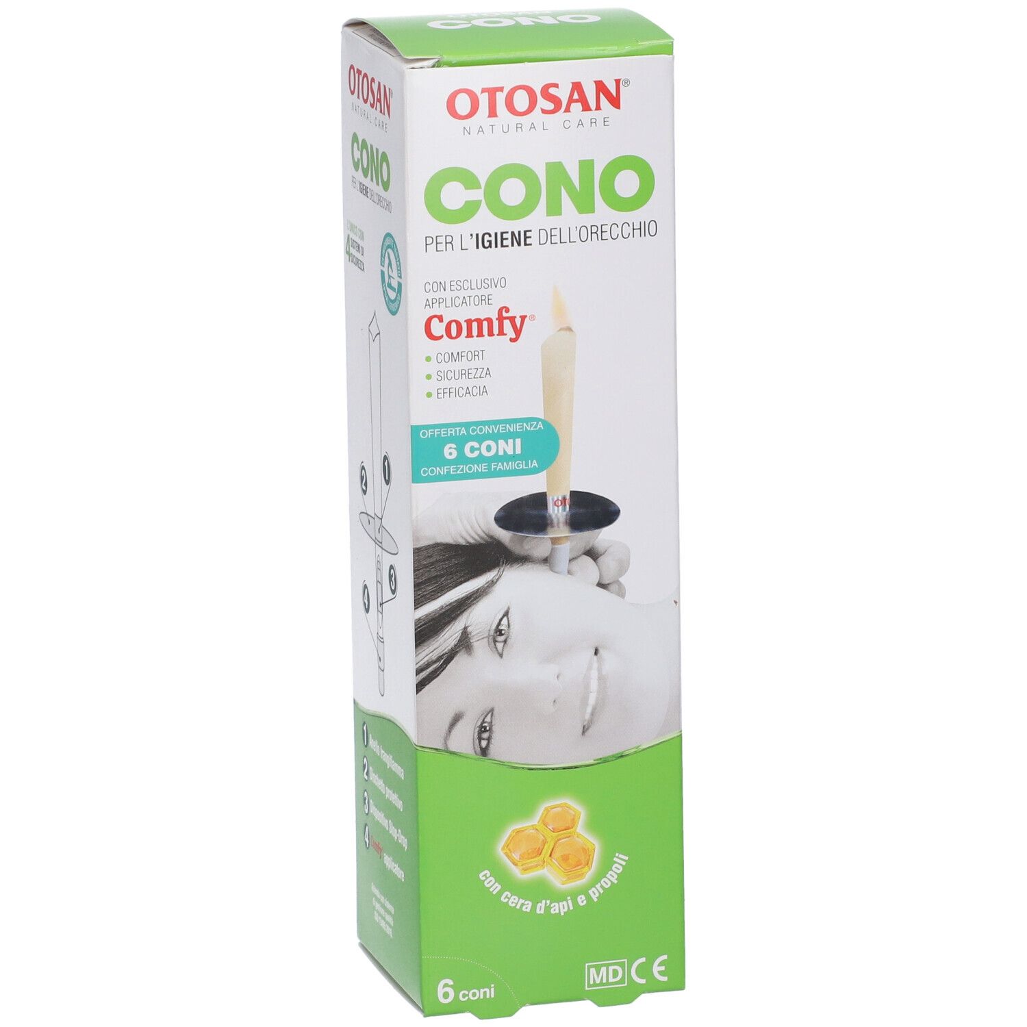Otosan Cono-Verpackung. Grün-weiße Schachtel mit Produktabbildung und Text. Enthält 6 Ohrkonen und Zubehör.