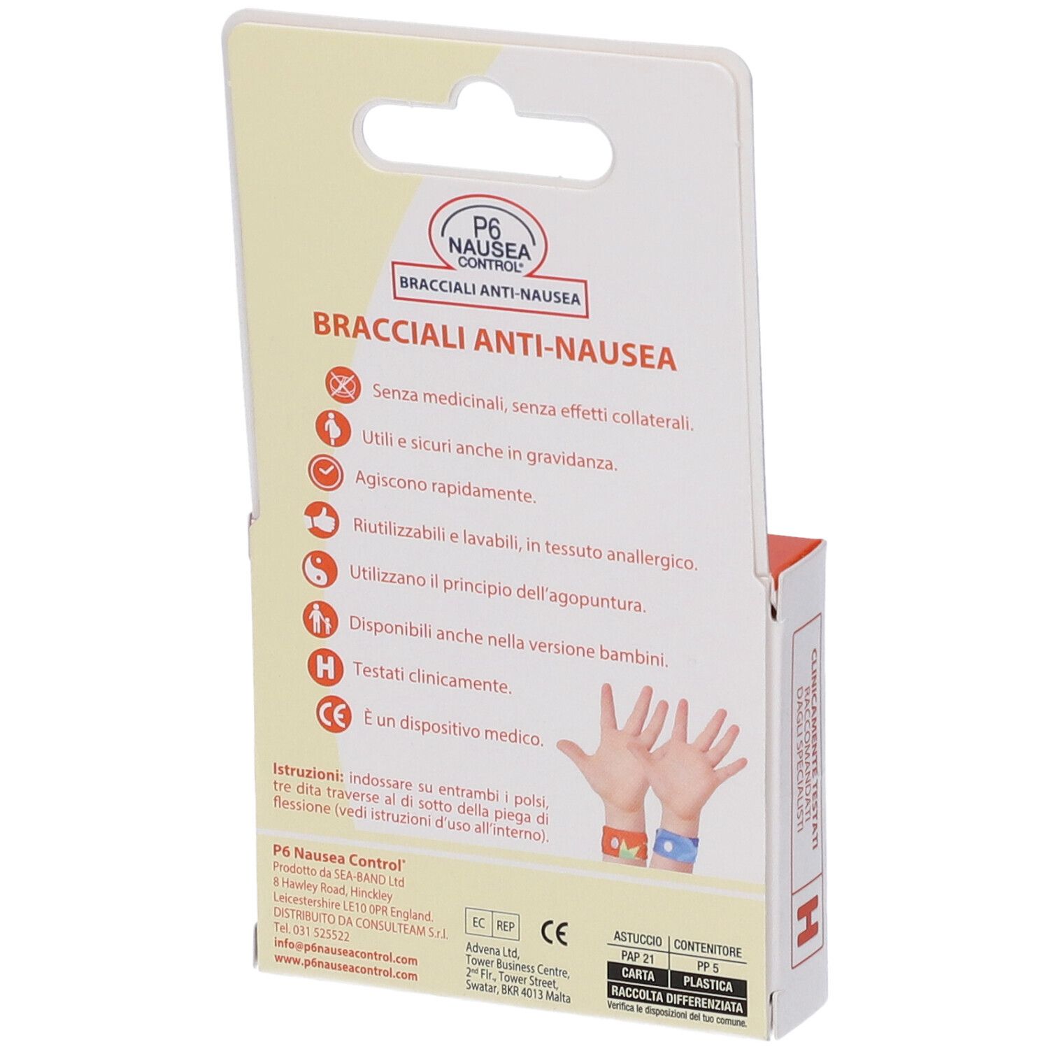 Verpackung für Anti-Übelkeits-Armbänder für Kinder.