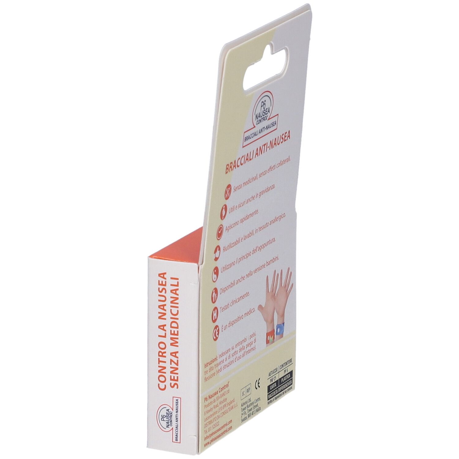 Verpackung für Anti-Übelkeits-Armbänder für Kinder.