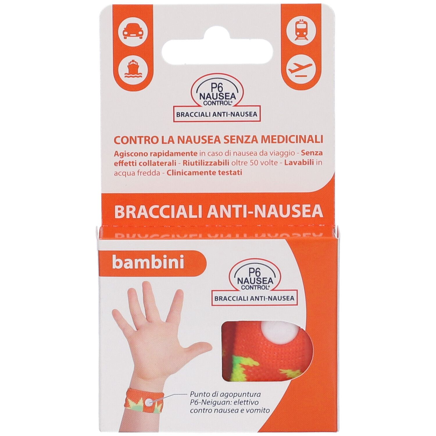 Verpackung für Anti-Übelkeits-Armbänder für Kinder.