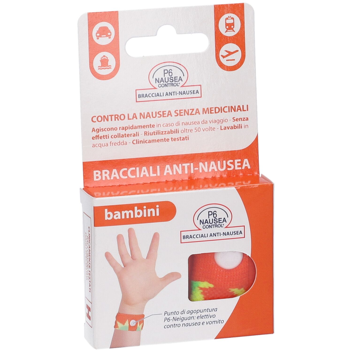 Verpackung für Anti-Übelkeits-Armbänder für Kinder.