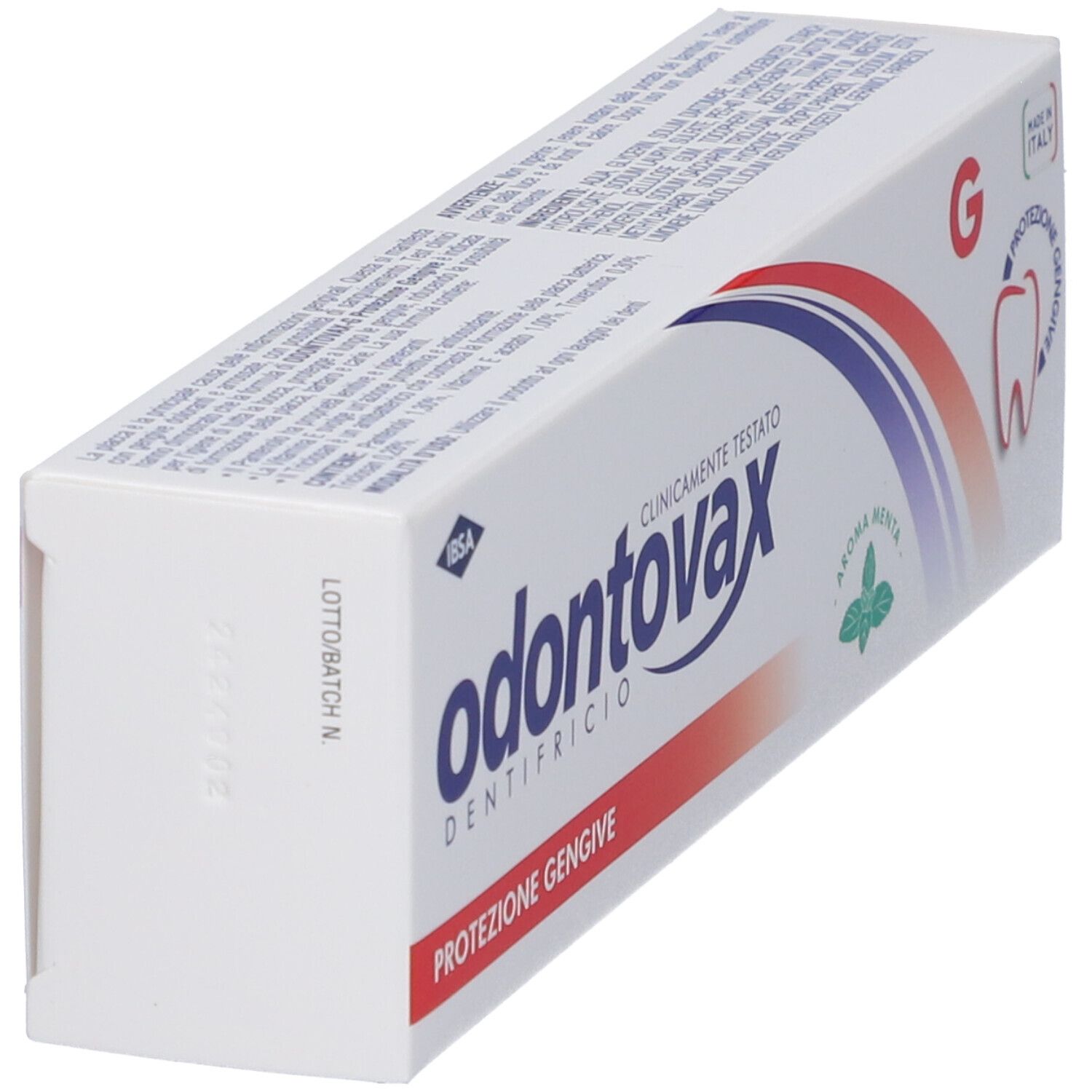 Scatola di dentifricio in diagonale dall'alto. Scritta: Odontovax, clinicamente testato, protezione gengive. Aroma menta. Dettagli sul lato.