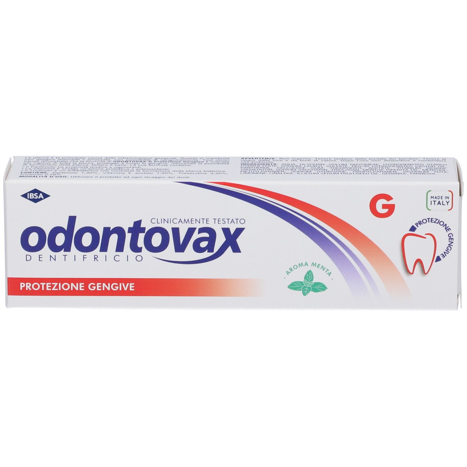 Scatola di dentifricio Odontovax, protezione gengive, clinicamente testato. Aroma menta. Grafica rossa e blu.