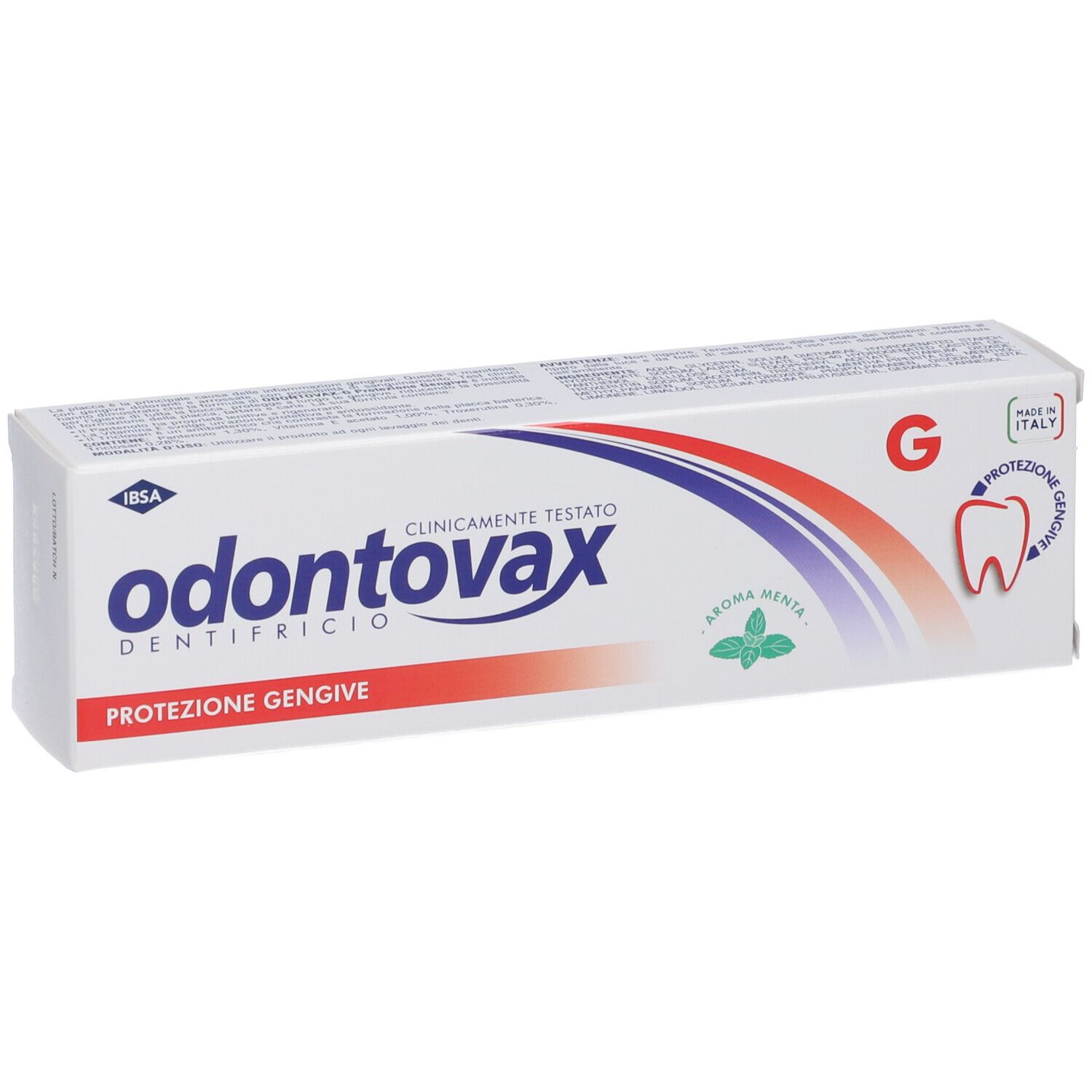 Scatola di dentifricio Odontovax, protezione gengive, clinicamente testato. Aroma menta. Grafica rossa e blu.