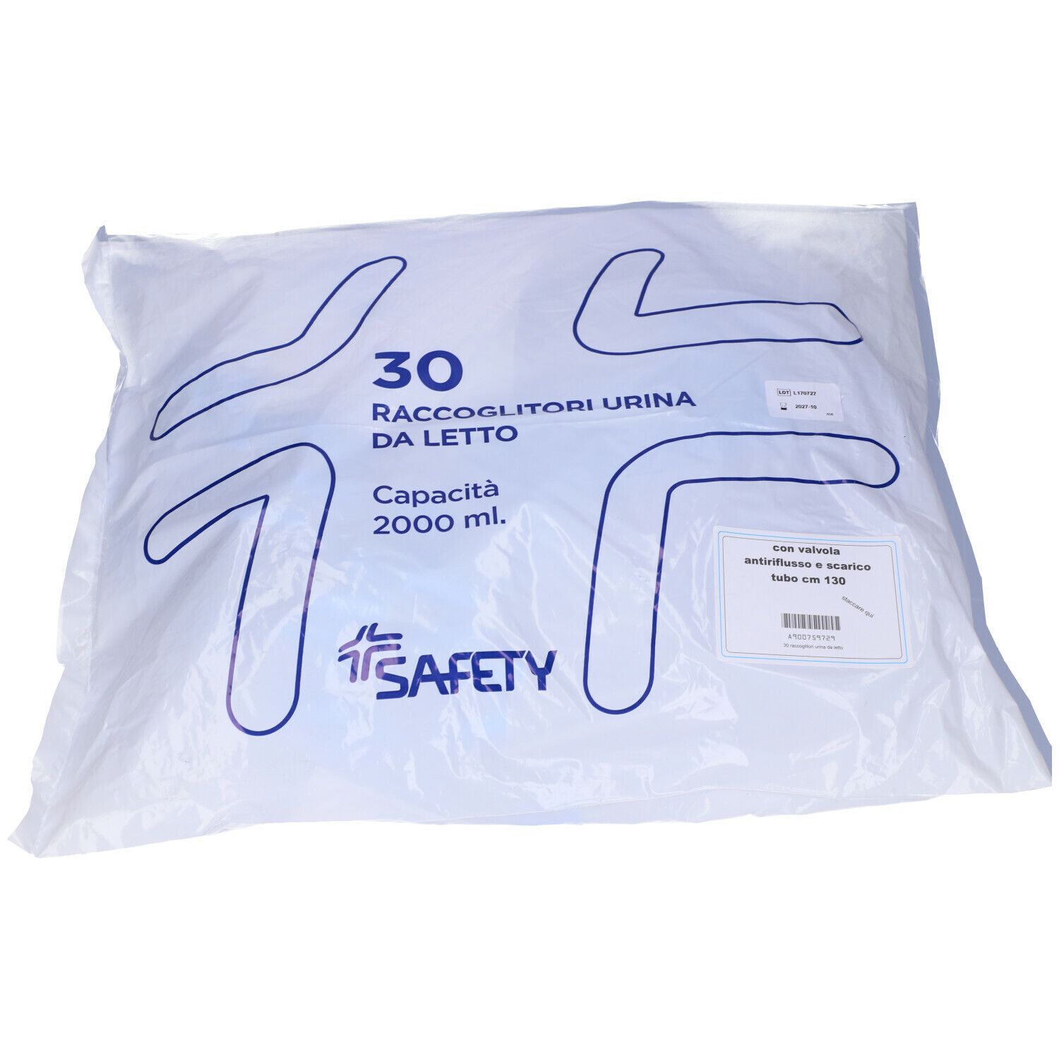 Confezione da 30 sacche per urina. Capacità 2000 ml. Marchio SAFETY. Denominazione prodotto e codice a barre sull'etichetta.