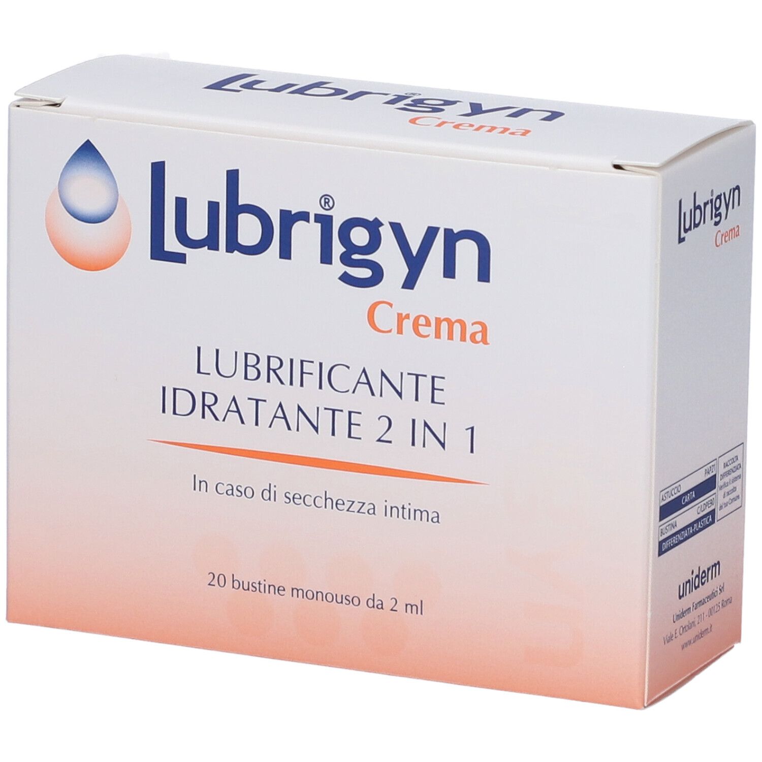 Schachtel mit "Lubrigyn Crema". Enthält 20 Einzelbeutel mit 2 ml. Aufschrift: "Lubrificante Idratante 2 in 1".