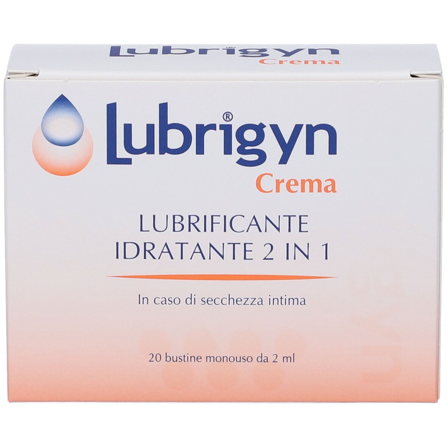 Schachtel "Lubrigyn Crema". Enthält 20 Einzelbeutel mit 2 ml. Aufschrift: "Lubrificante Idratante 2 in 1".