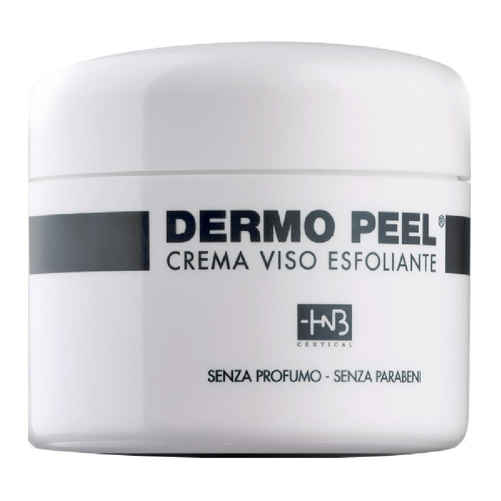 Vasetto bianco con fascia nera. Scritta: DERMO PEEL, CREMA VISO ESFOLIANTE. Logo -HB3- e scritta: SENZA PROFUMO - SENZA PARABENI.