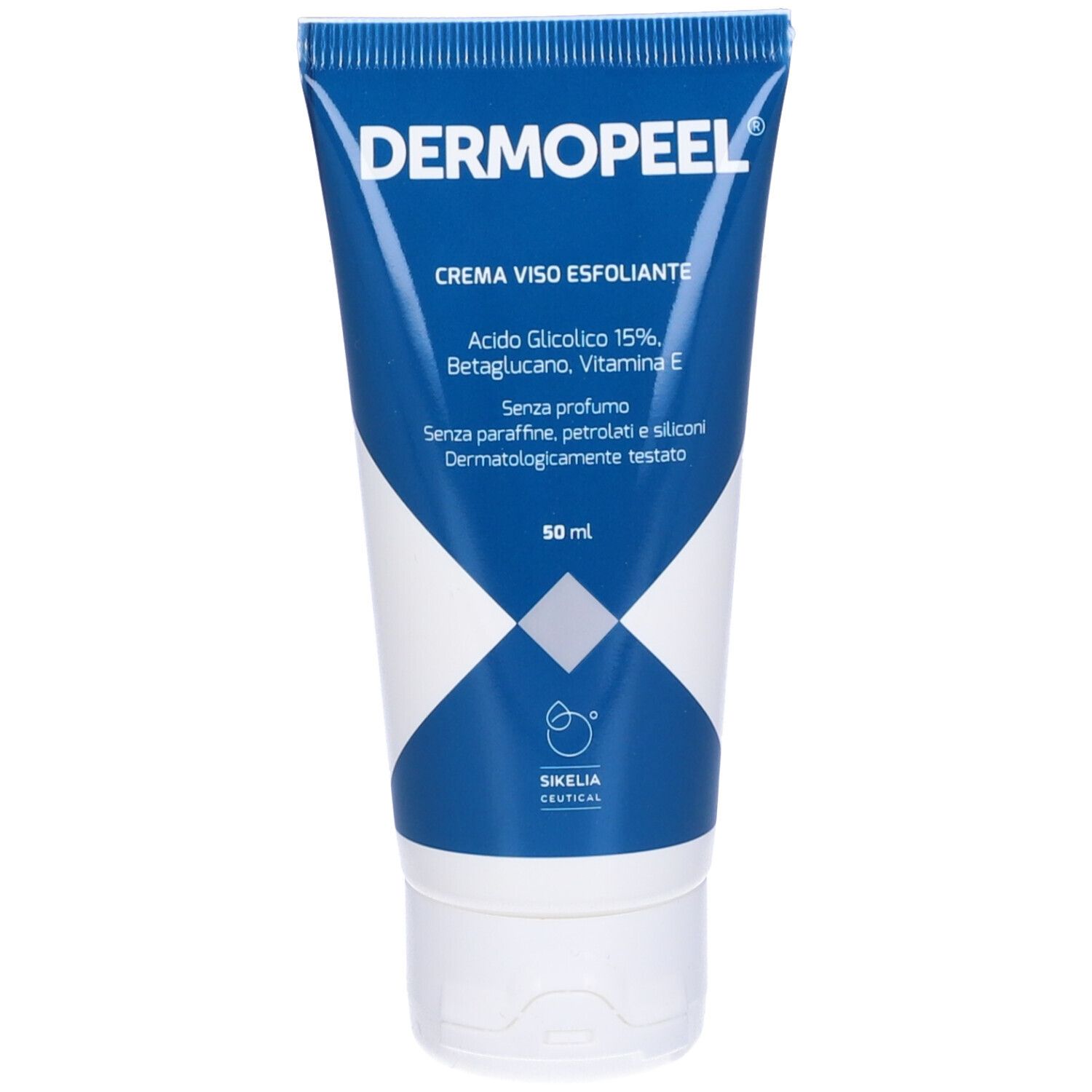 Tubo blu con motivo a diamante bianco. Scritta: DERMOPEEL, CREMA VISO ESFOLIANTE. Contiene acido glicolico, Betaglucano, Vitamina E. 50 ml.