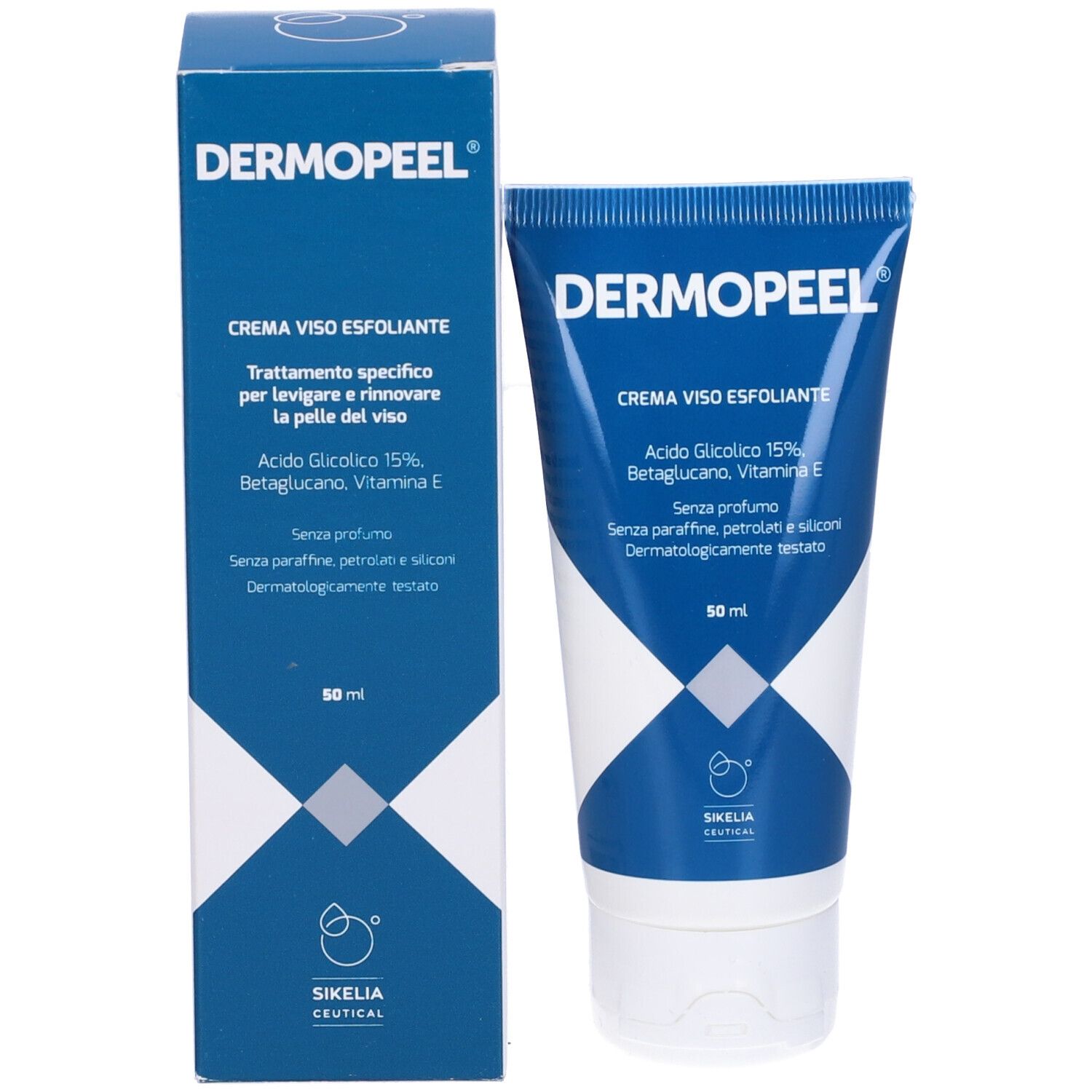 Tubo e scatola blu. Scritta: DERMOPEEL, CREMA VISO ESFOLIANTE. Contiene acido glicolico, Betaglucano, Vitamina E. 50 ml. Dermatologicamente testato.