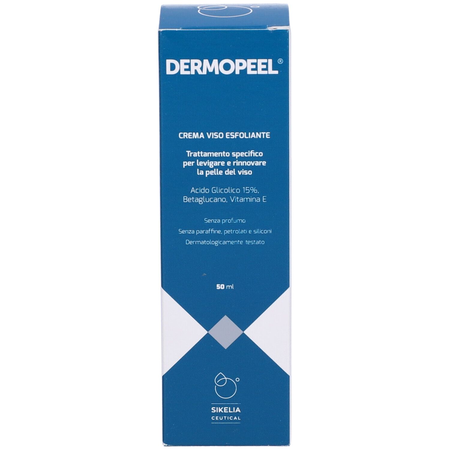 Scatola blu. Scritta: DERMOPEEL, CREMA VISO ESFOLIANTE. Contiene acido glicolico, Betaglucano, Vitamina E. 50 ml. Dermatologicamente testato.